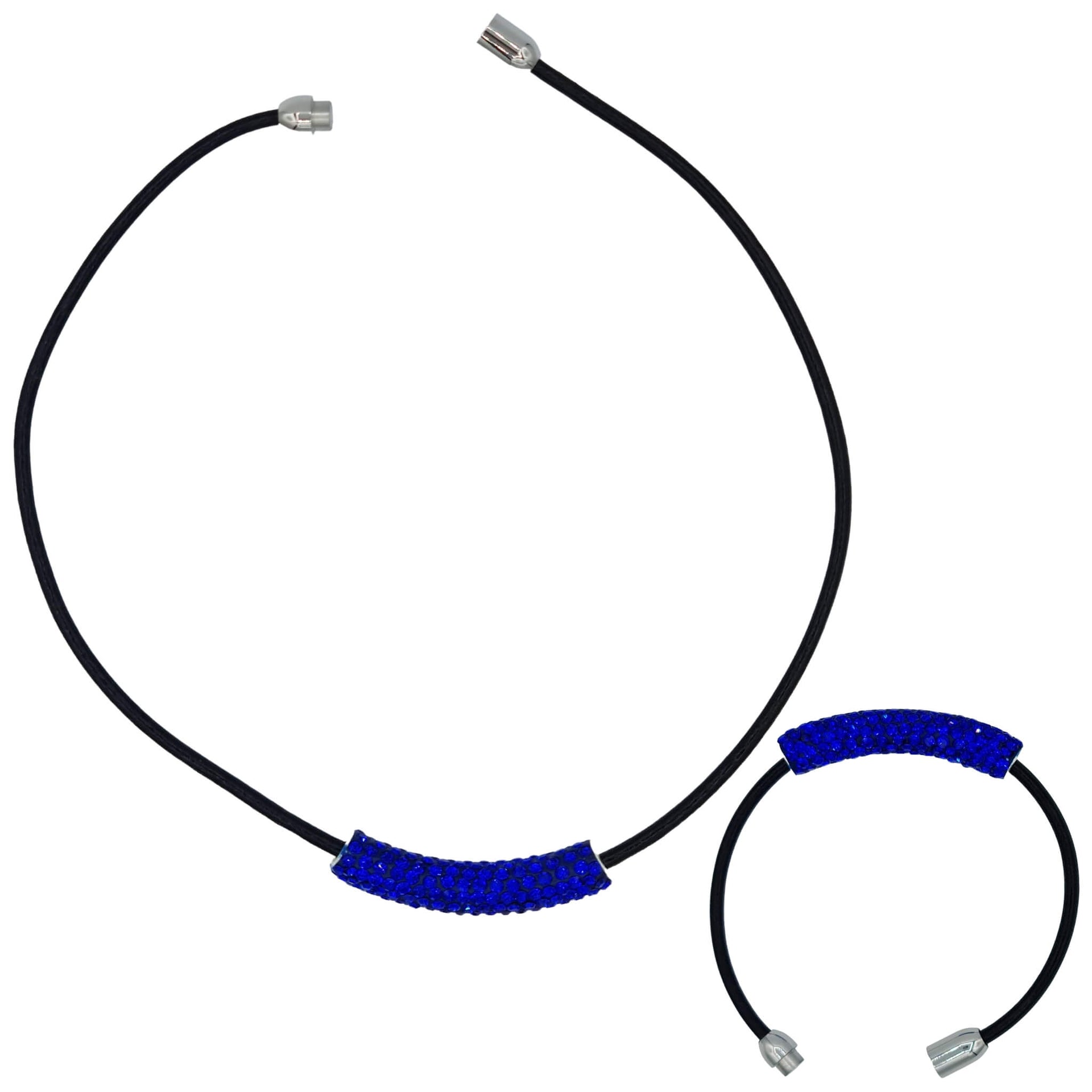 Set conjunto de Pulsera y collar de cuero negro y tubo de strass azulón