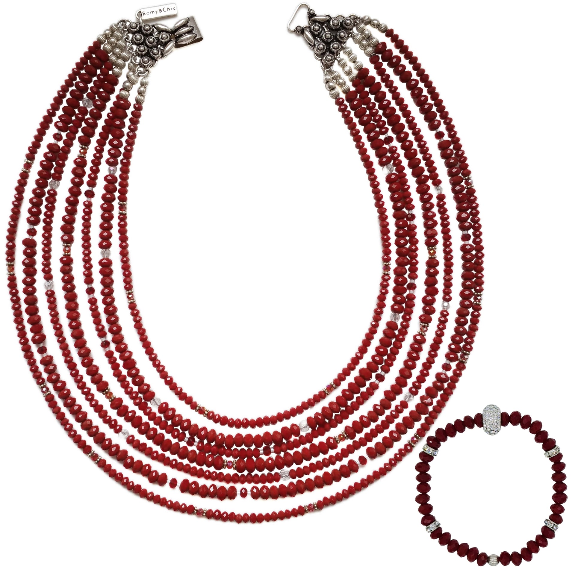Set de collar y pulsera de cristal rojo y central de brillantes de cristal