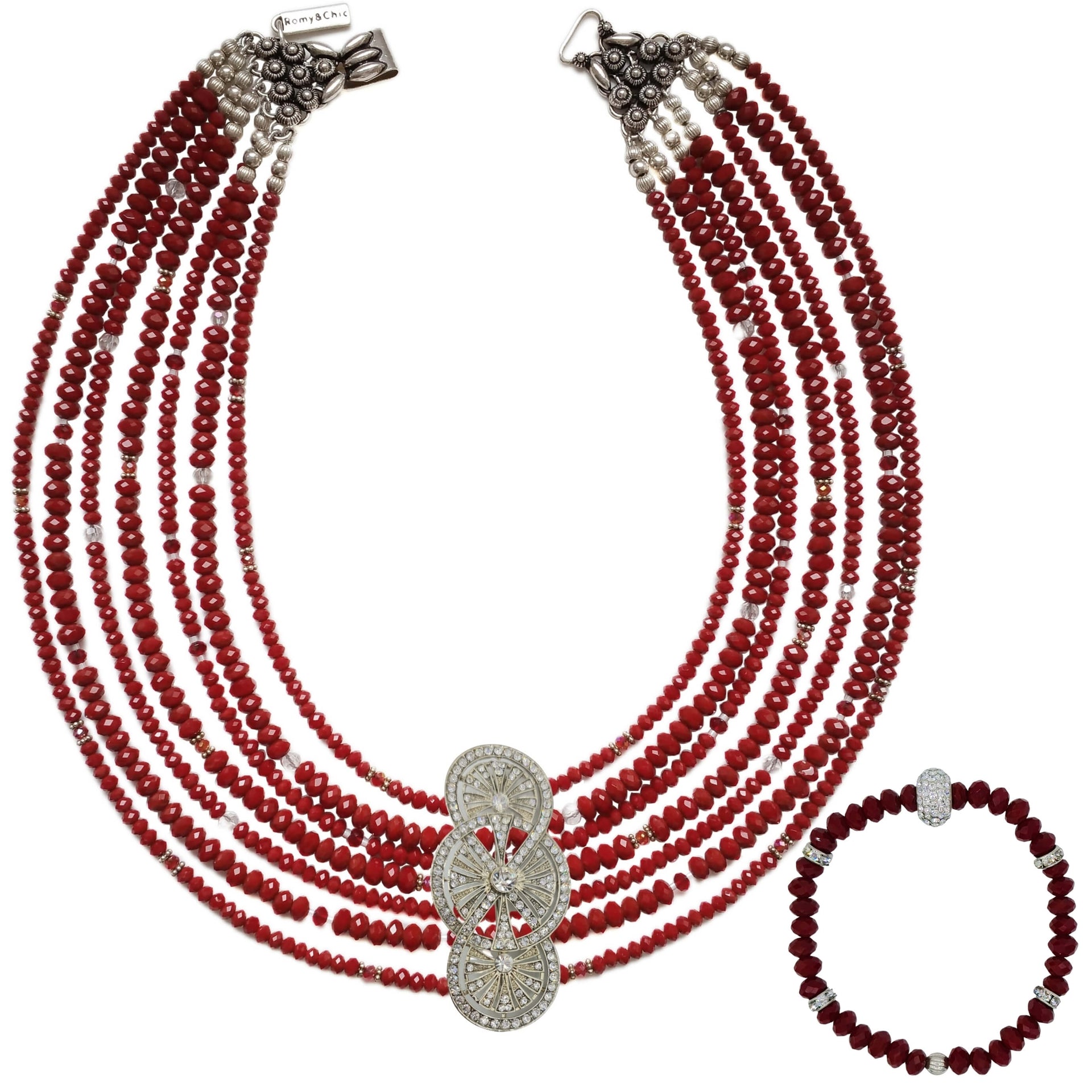 Set de collar y pulsera de cristal rojo y central de brillantes de cristal