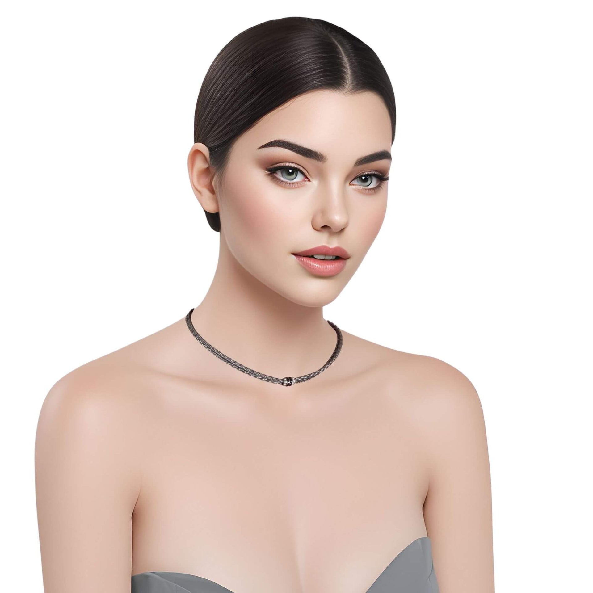 Collar gargantilla de cuero sintético trenzado gris y rondelles de strass