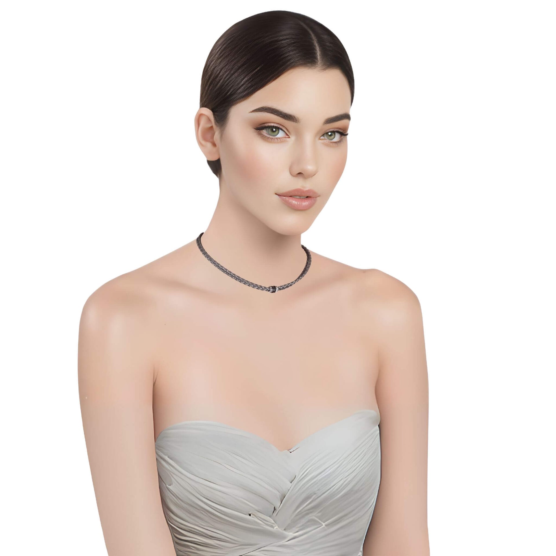 Collar gargantilla de cuero sintético trenzado gris y rondelles de strass