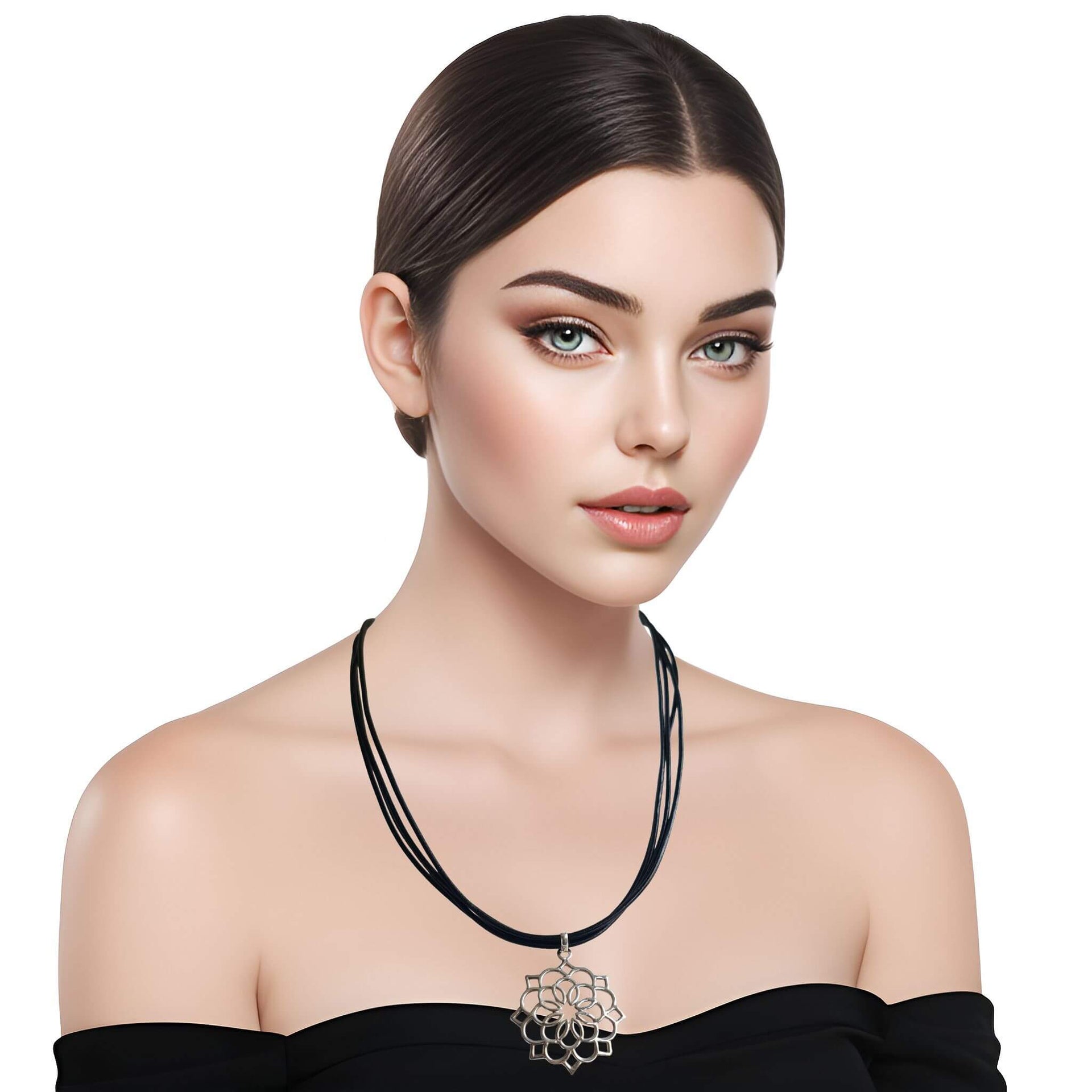 Collar de cuero y colgante flor de plata de ley