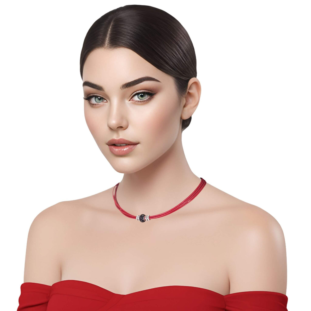 Collar gargantilla de cuero rojo y brillantes de cristal negro