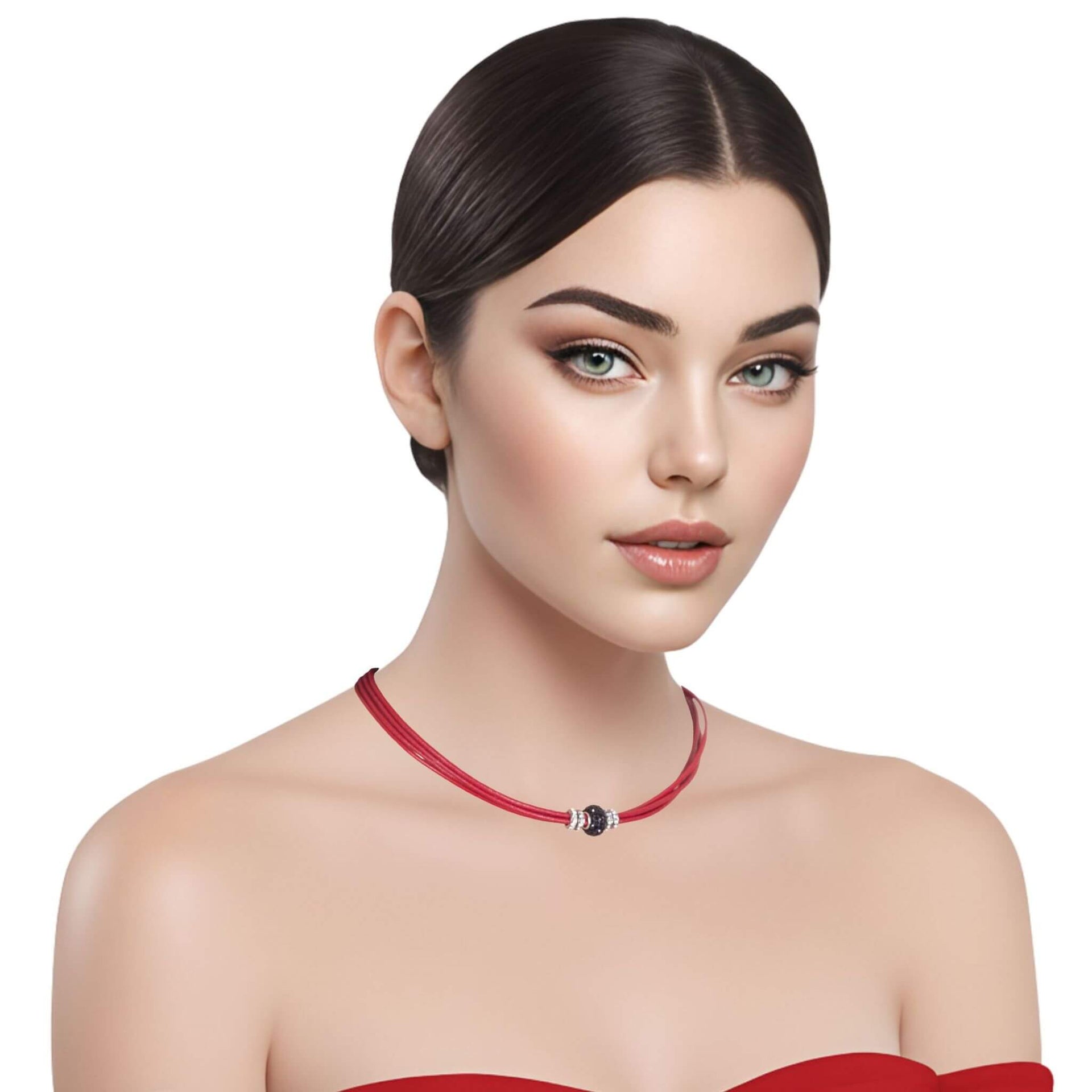 Collar gargantilla de cuero rojo y brillantes de cristal negro