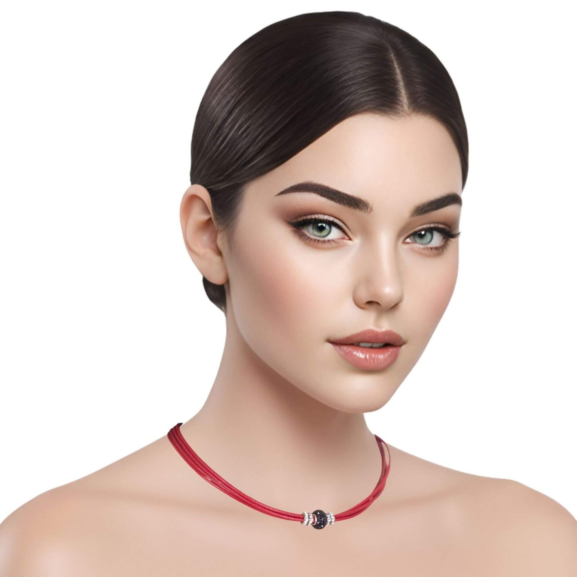 Collar gargantilla de cuero rojo y brillantes de cristal negro