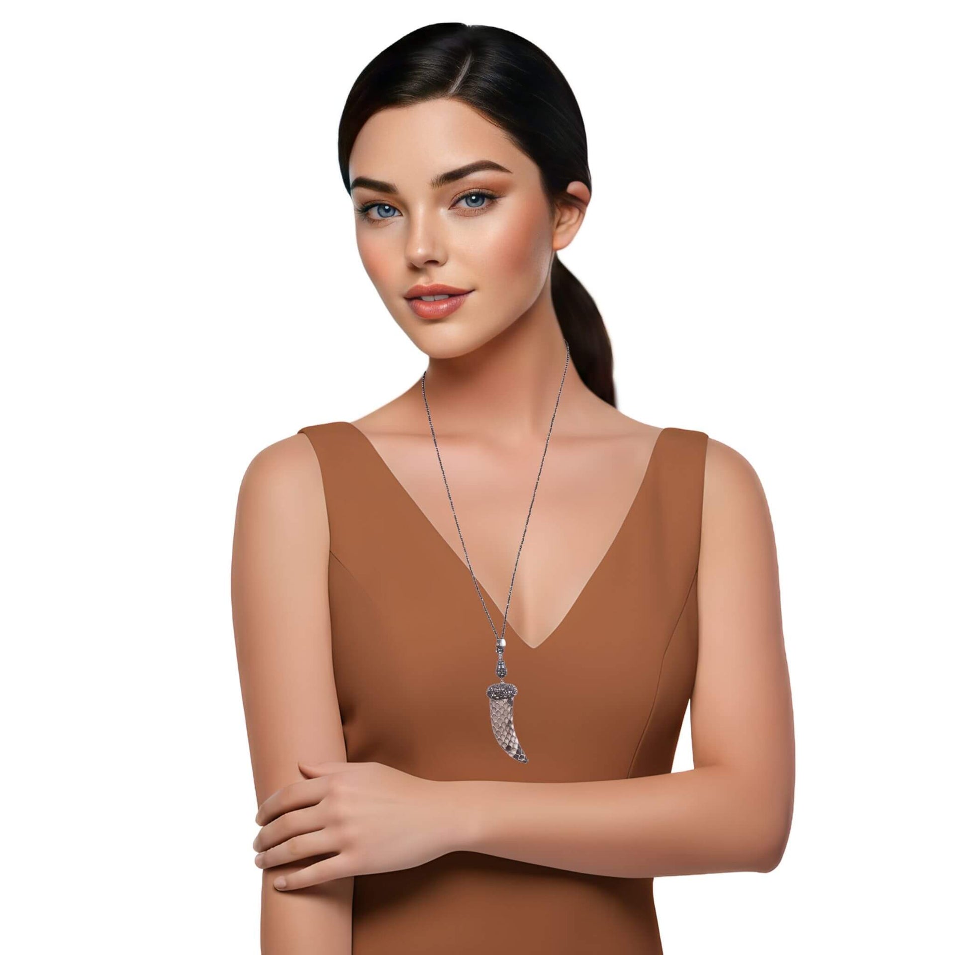 Collar cuerno de pitón en tonos marrones y cadena de hematite y plata