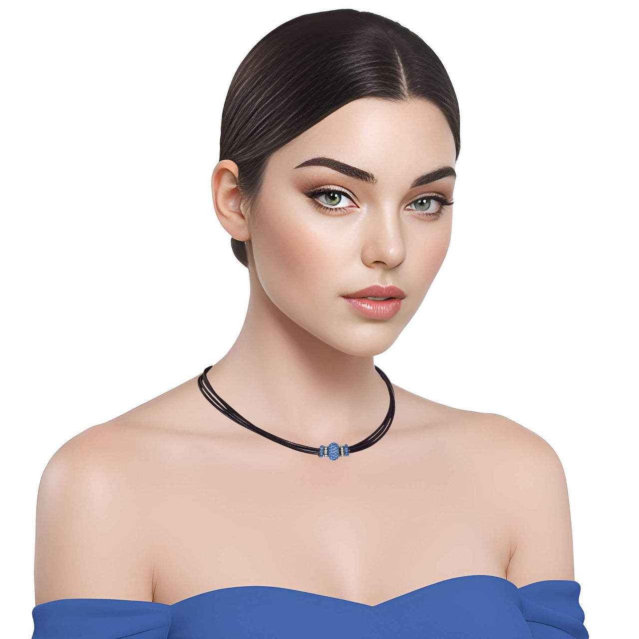Collar gargantilla cuero negro y brillantes de cristal azul