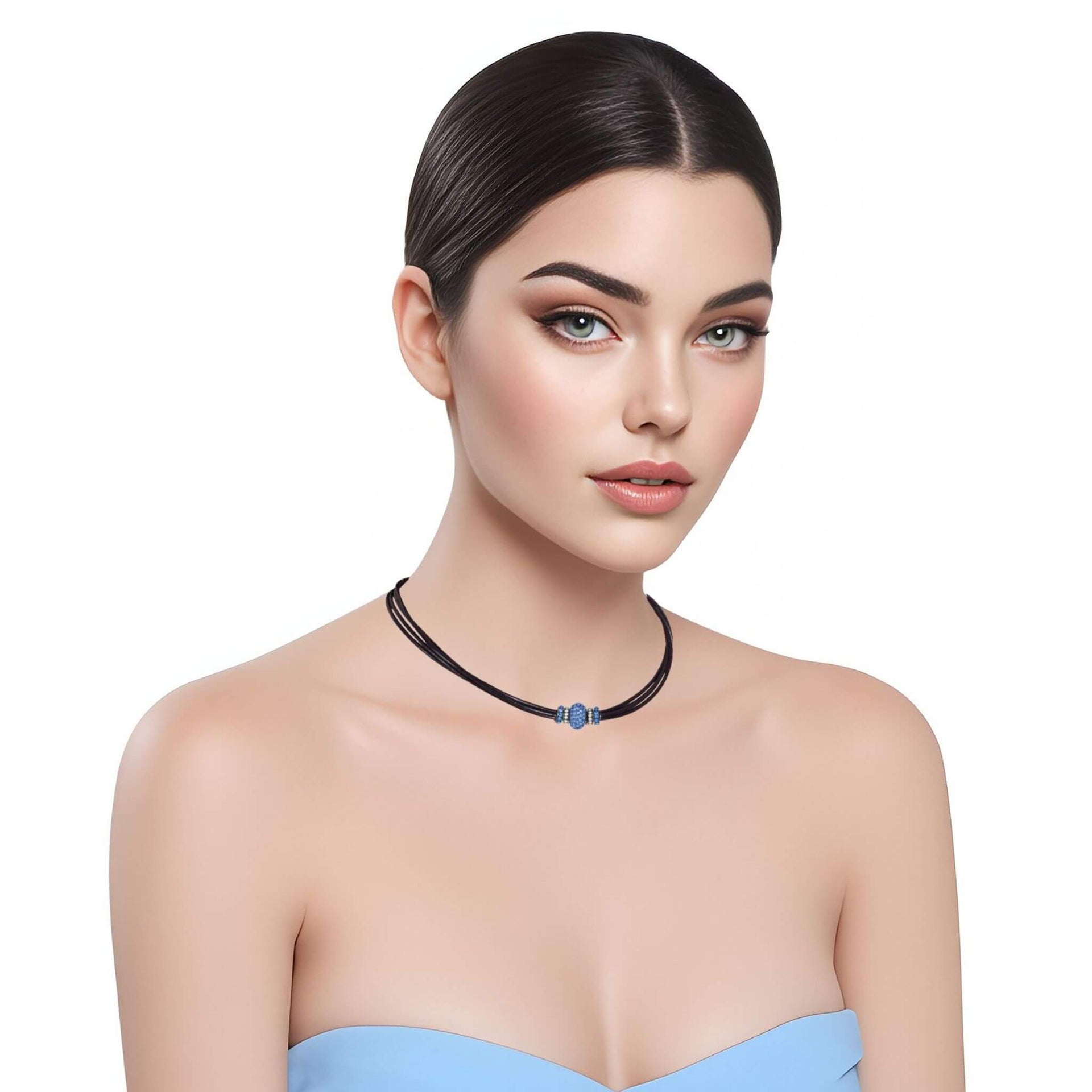 Collar gargantilla cuero negro y brillantes de cristal azul