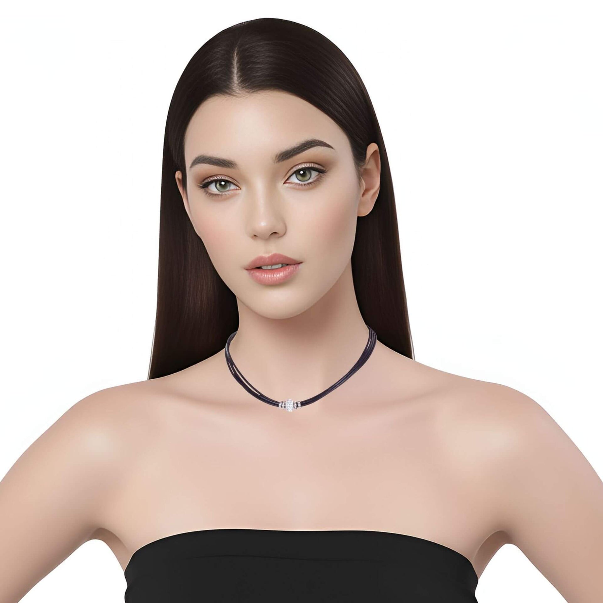 Collar gargantilla de cuero negro y brillantes de cristal blancos