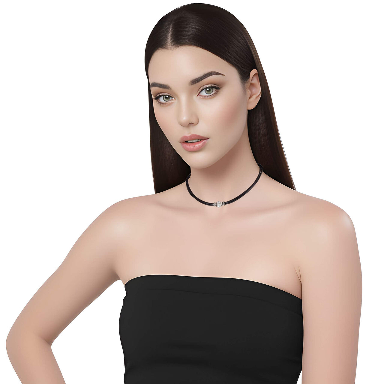 Collar gargantilla de cuero negro y brillantes de cristal blancos