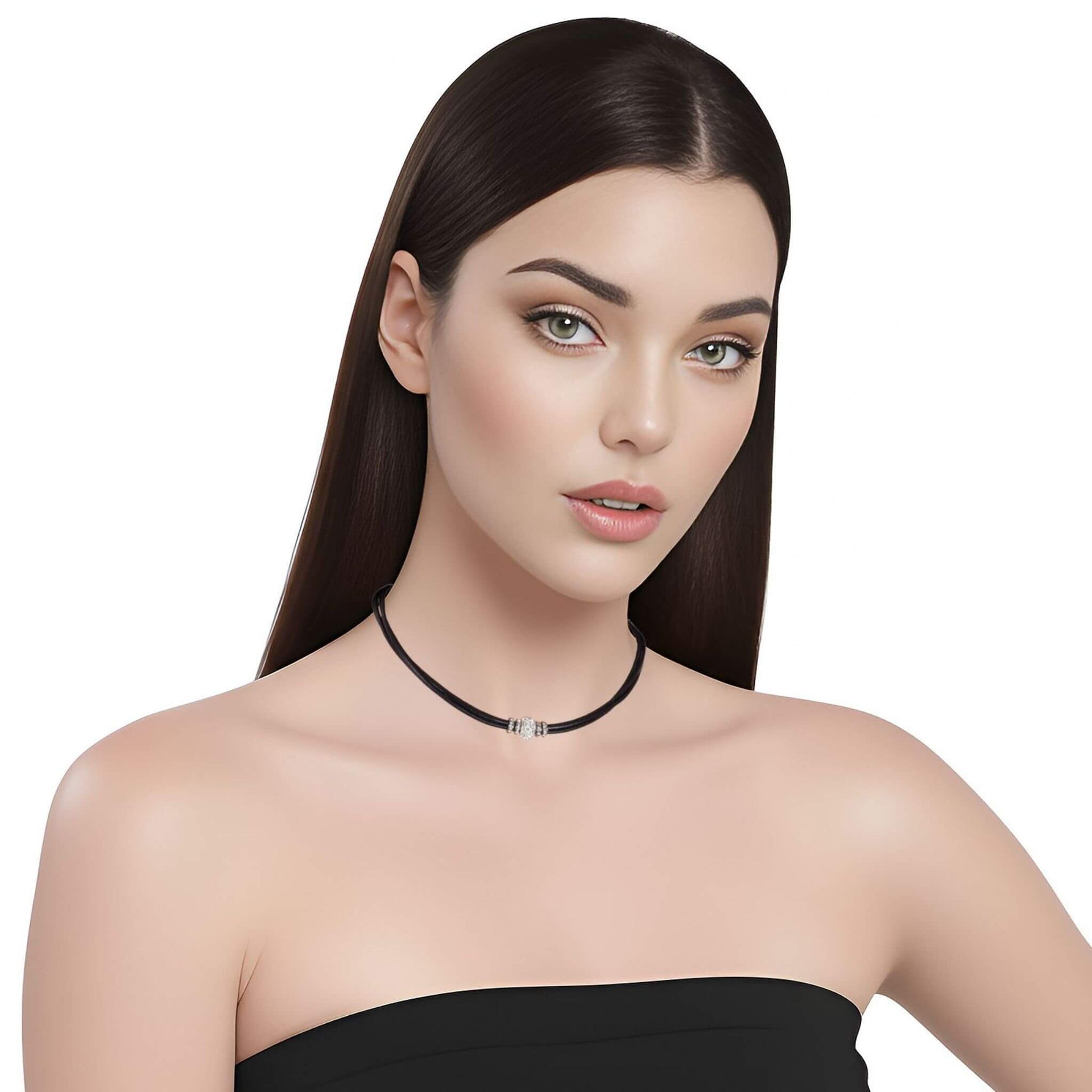 Collar gargantilla de cuero negro y brillantes de cristal blancos