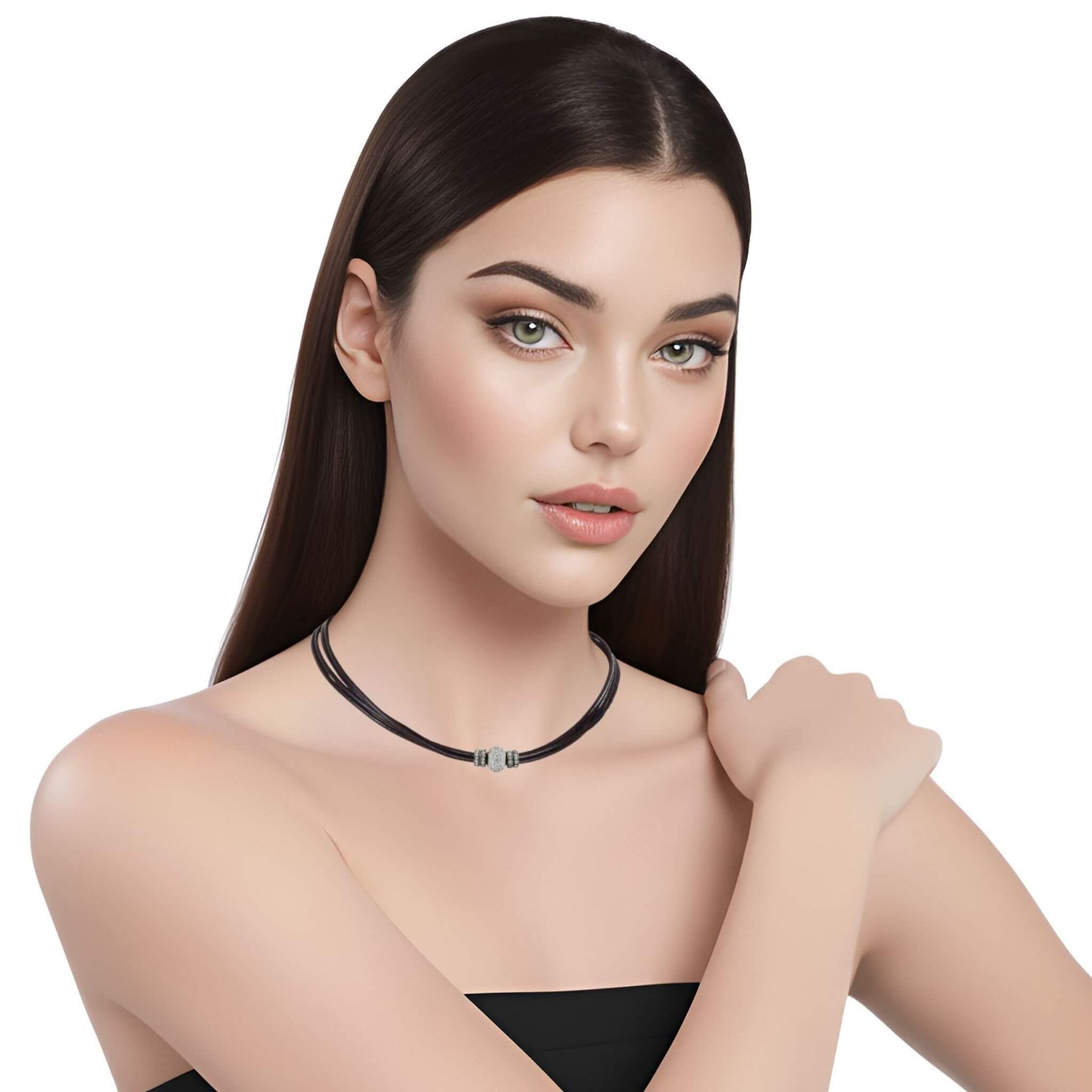 Collar gargantilla de cuero negro y brillantes de cristal blancos