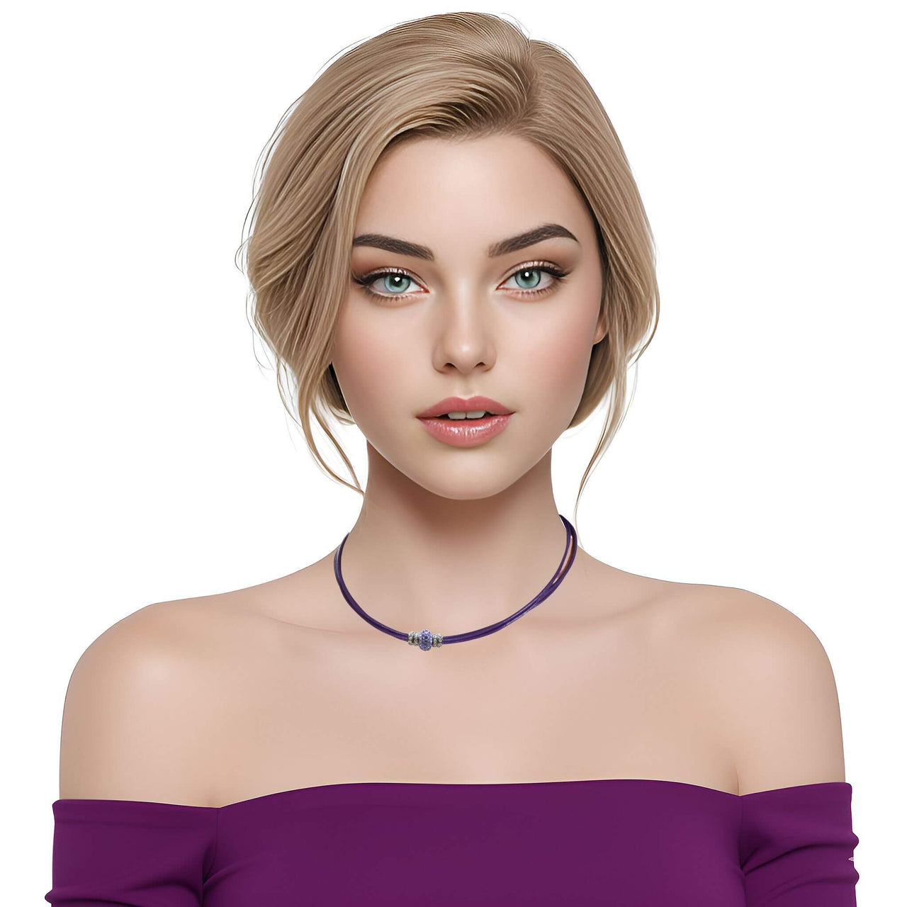 Collar gargantilla de cuero morado y brillantes de cristal morado