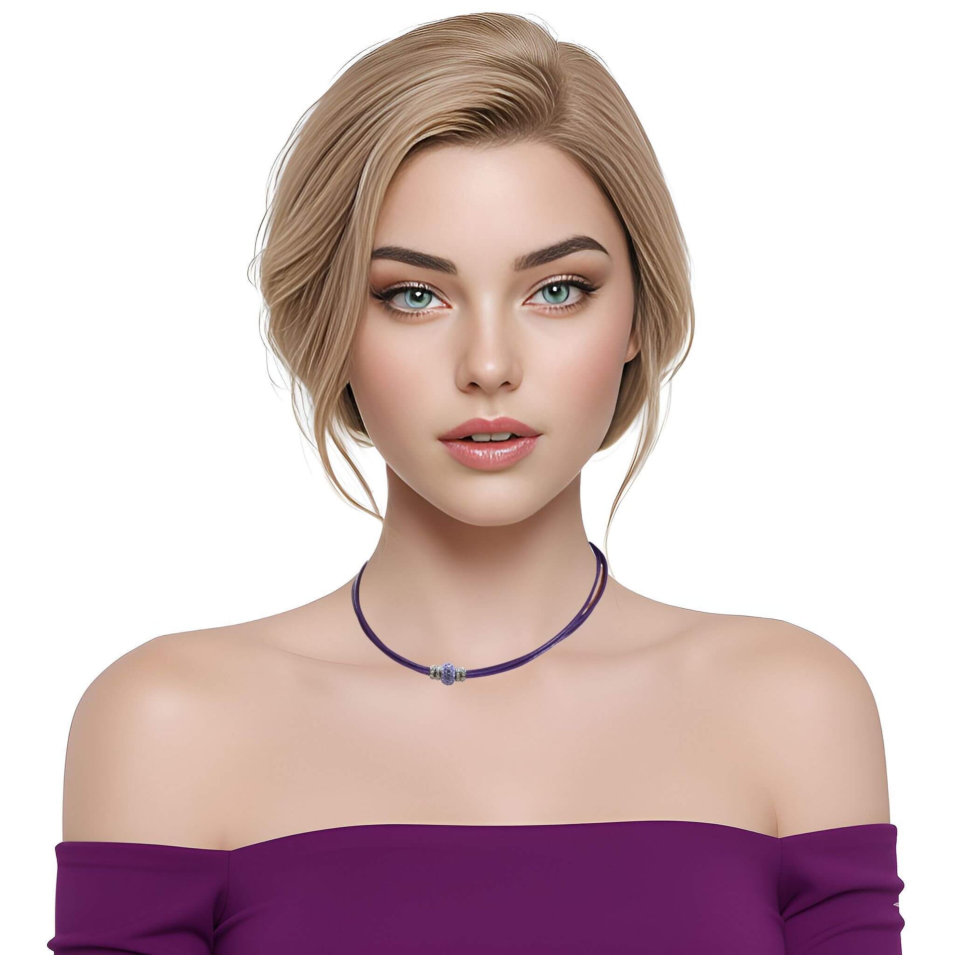 Collar gargantilla de cuero morado y brillantes de cristal morado