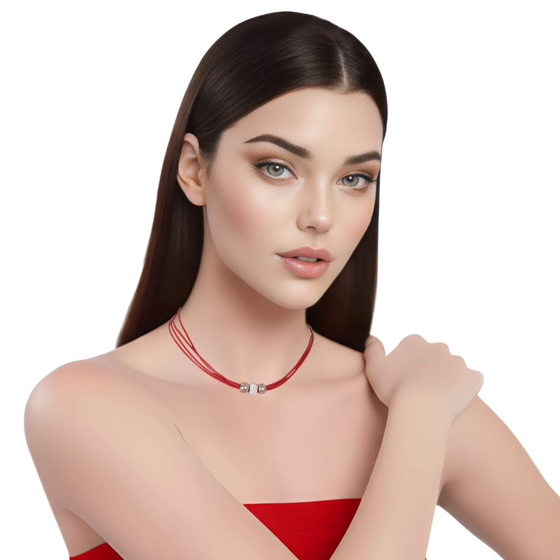 Collar gargantilla de cuero rojo y brillantes de cristal blanco