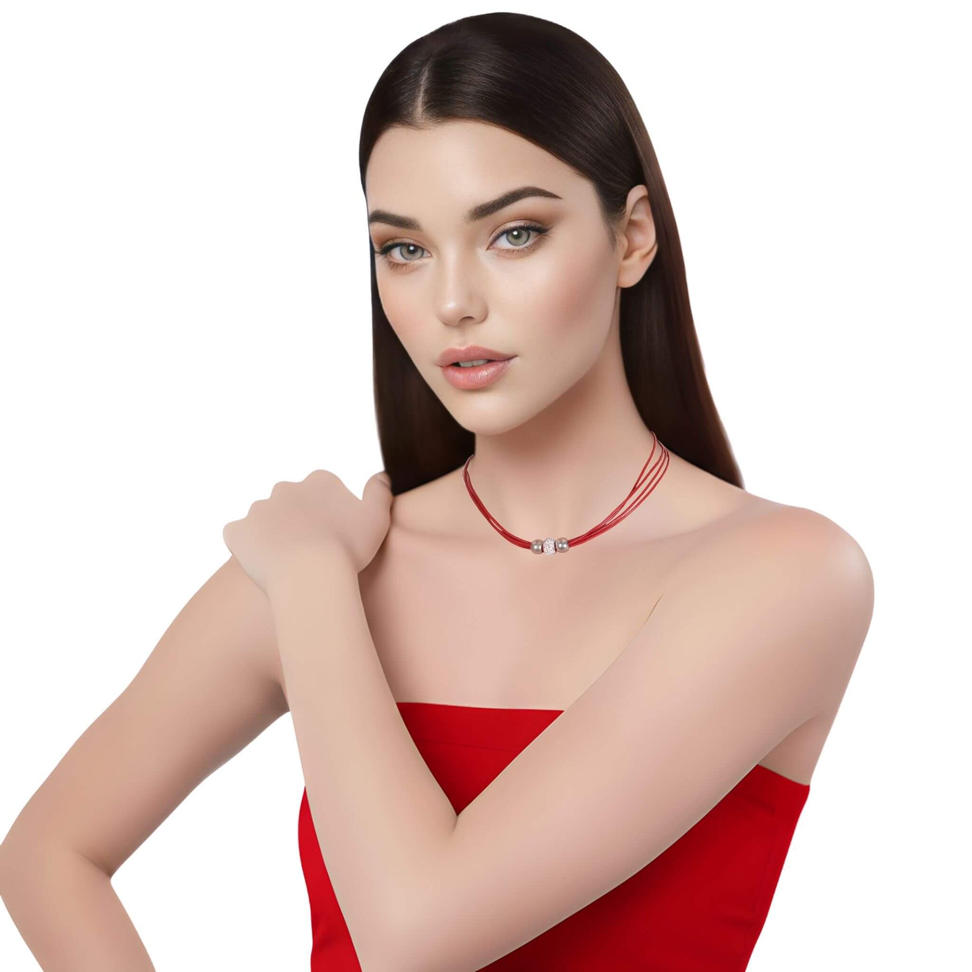 Collar gargantilla de cuero rojo y brillantes de cristal blanco