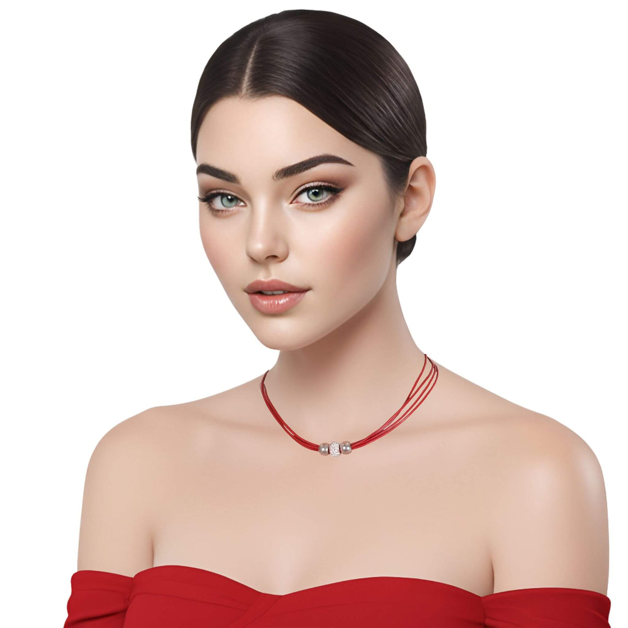 Collar gargantilla de cuero rojo y brillantes de cristal blanco