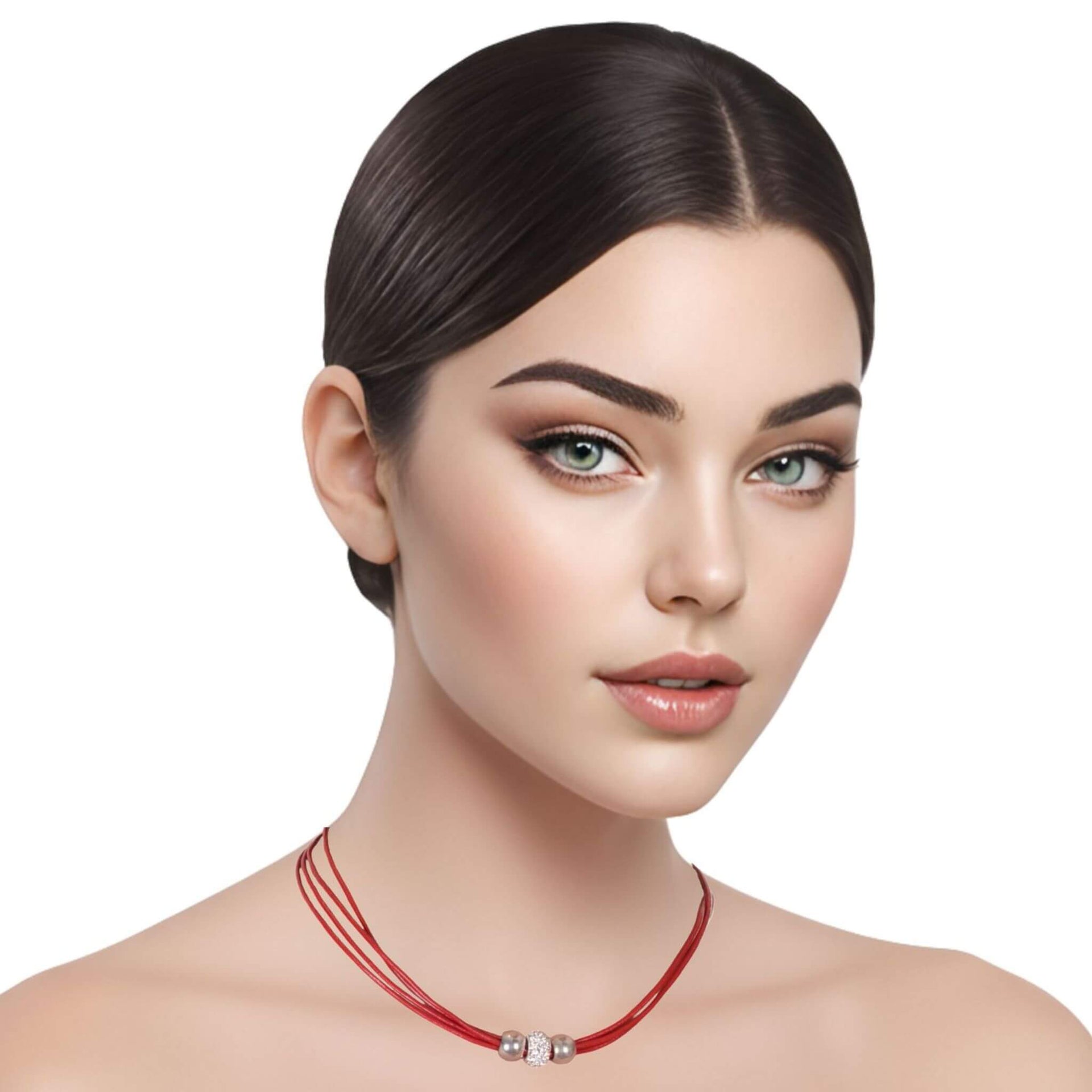 Collar gargantilla de cuero rojo y brillantes de cristal blanco