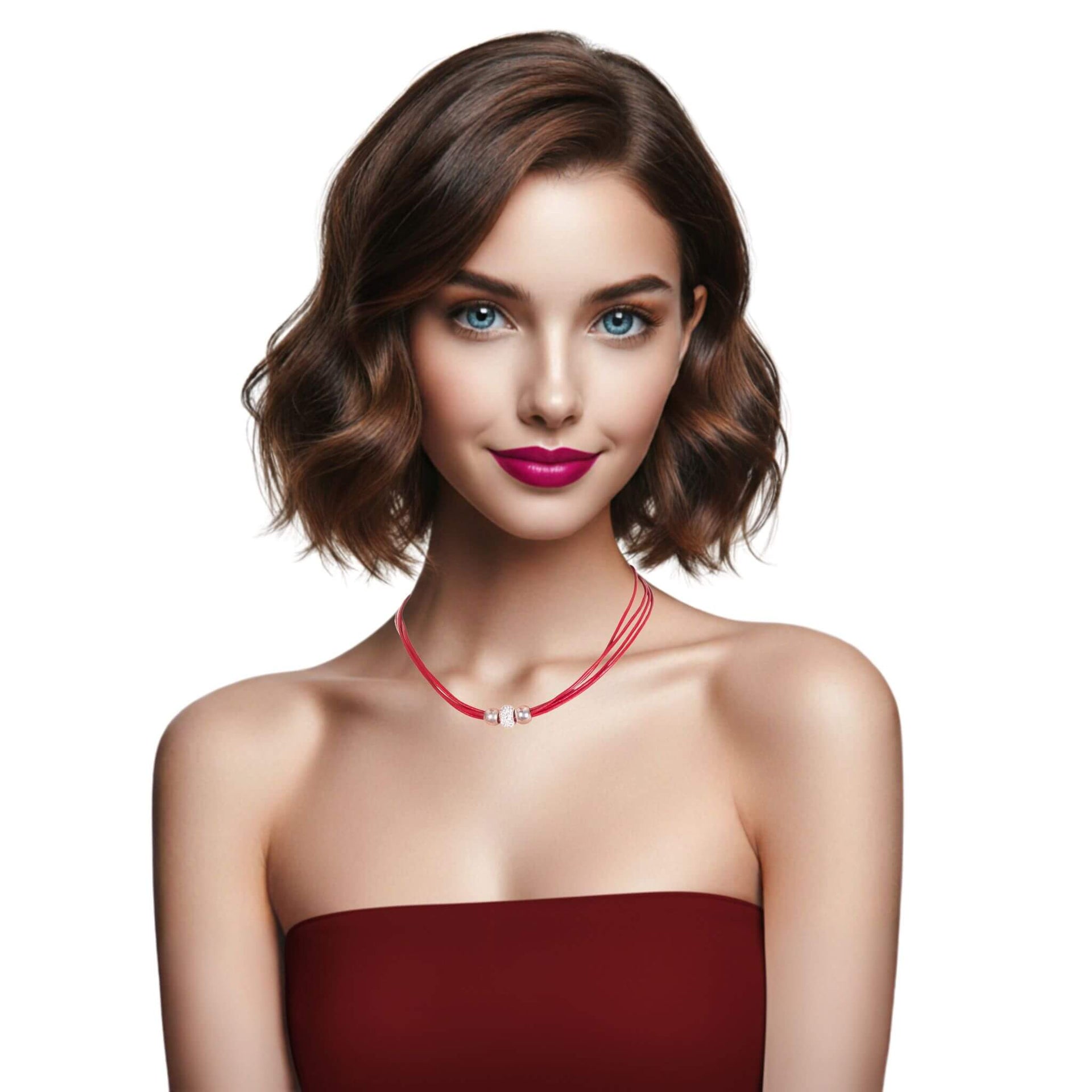 Collar gargantilla de cuero rojo y brillantes de cristal blanco