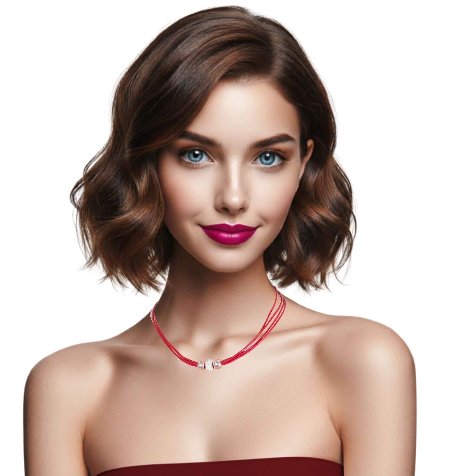 Collar gargantilla de cuero rojo y brillantes de cristal blanco