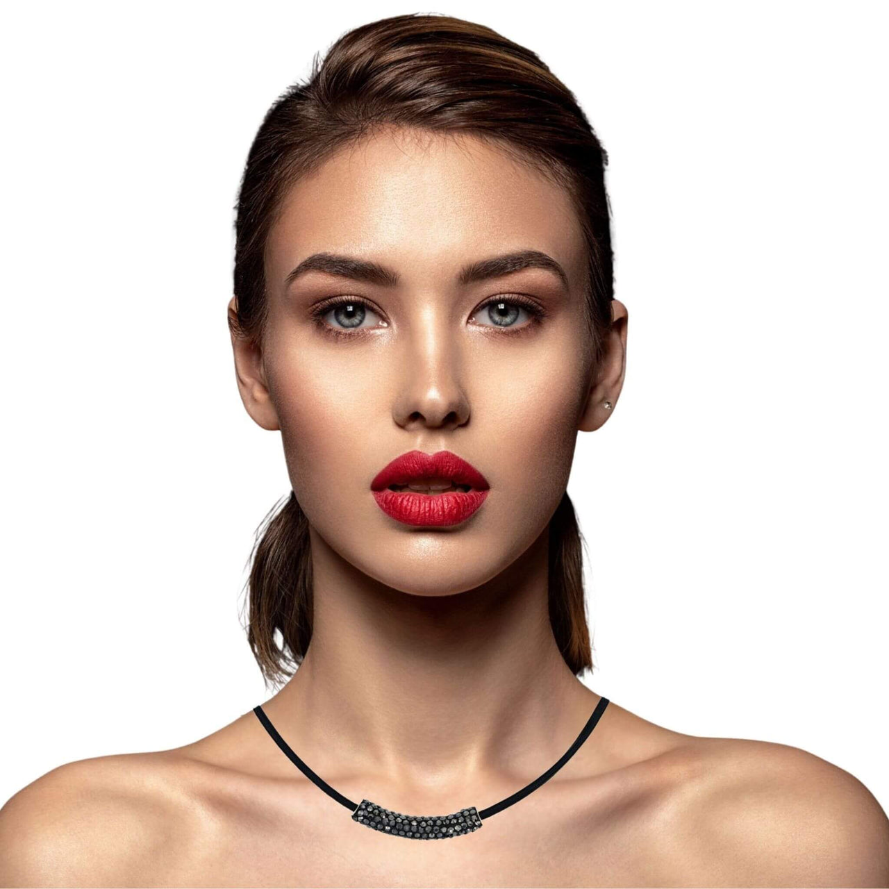 Collar gargantilla de cuero negro y tubo de strass negro