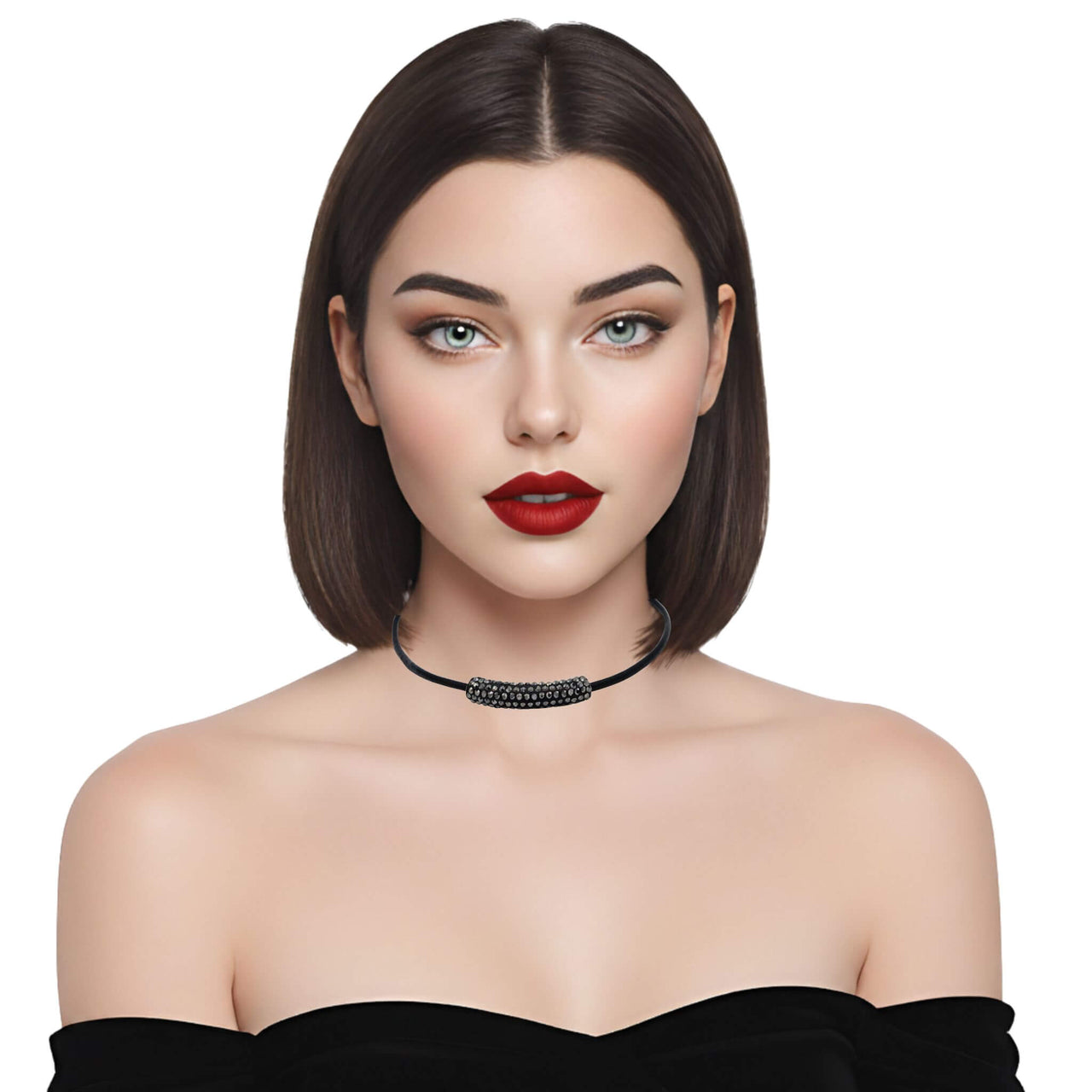 Collar gargantilla de cuero negro y tubo de strass negro