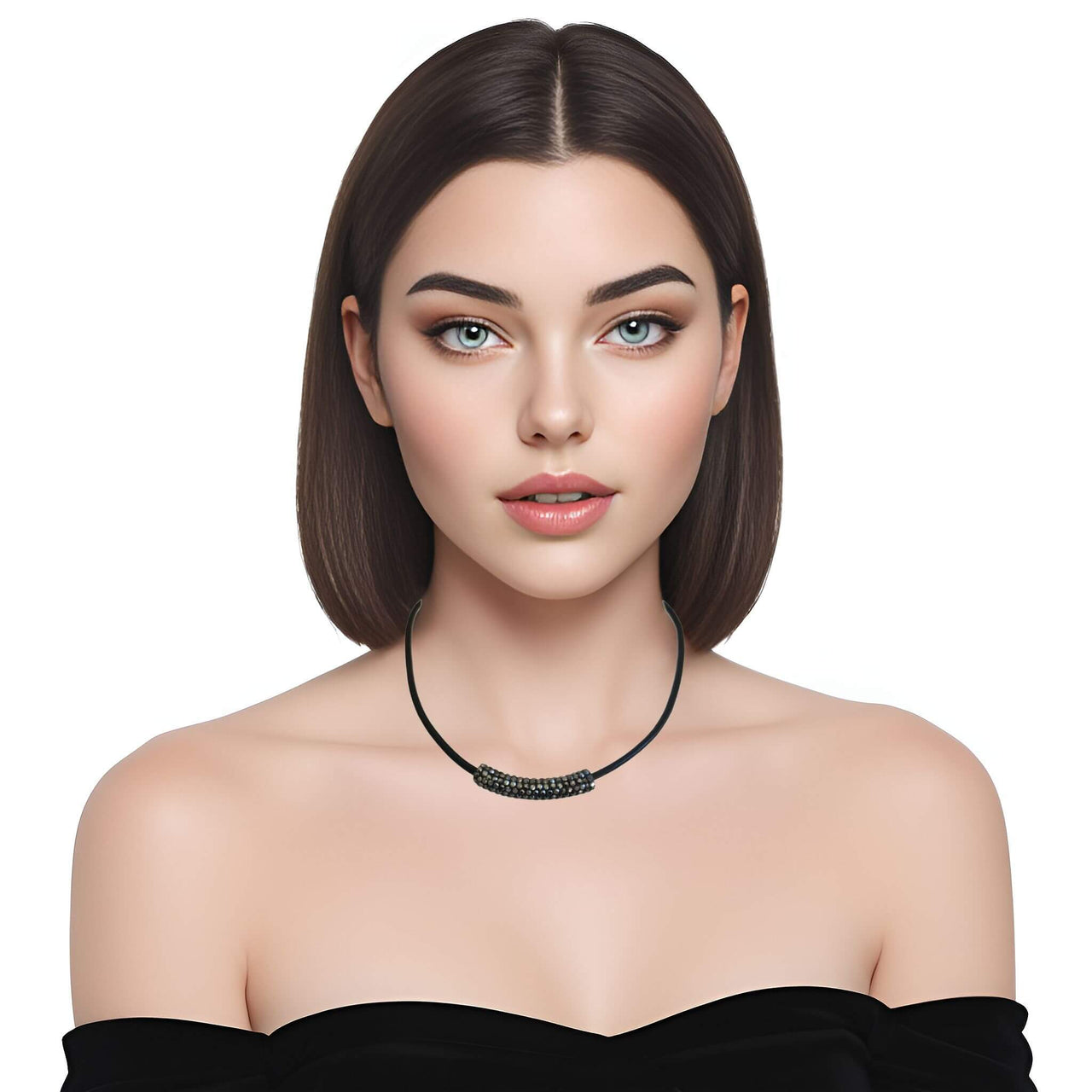 Collar gargantilla de cuero negro y tubo de strass negro