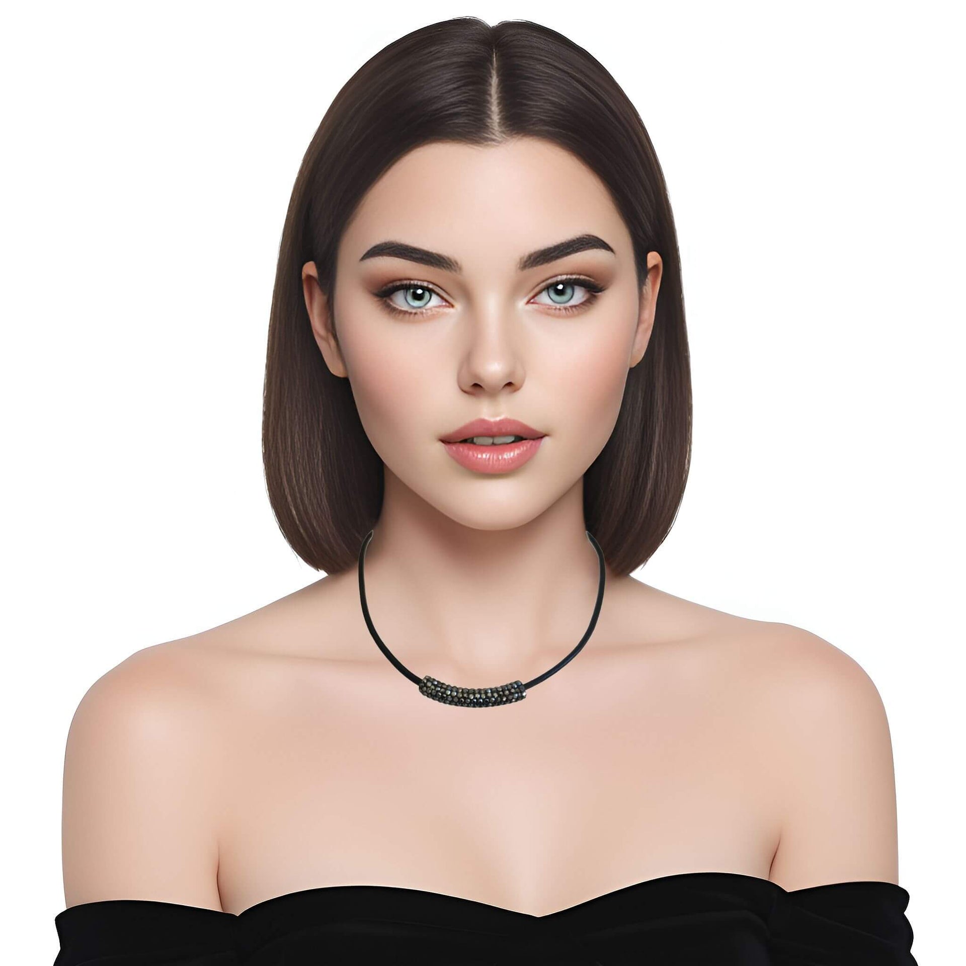 Collar gargantilla de cuero negro y tubo de strass negro
