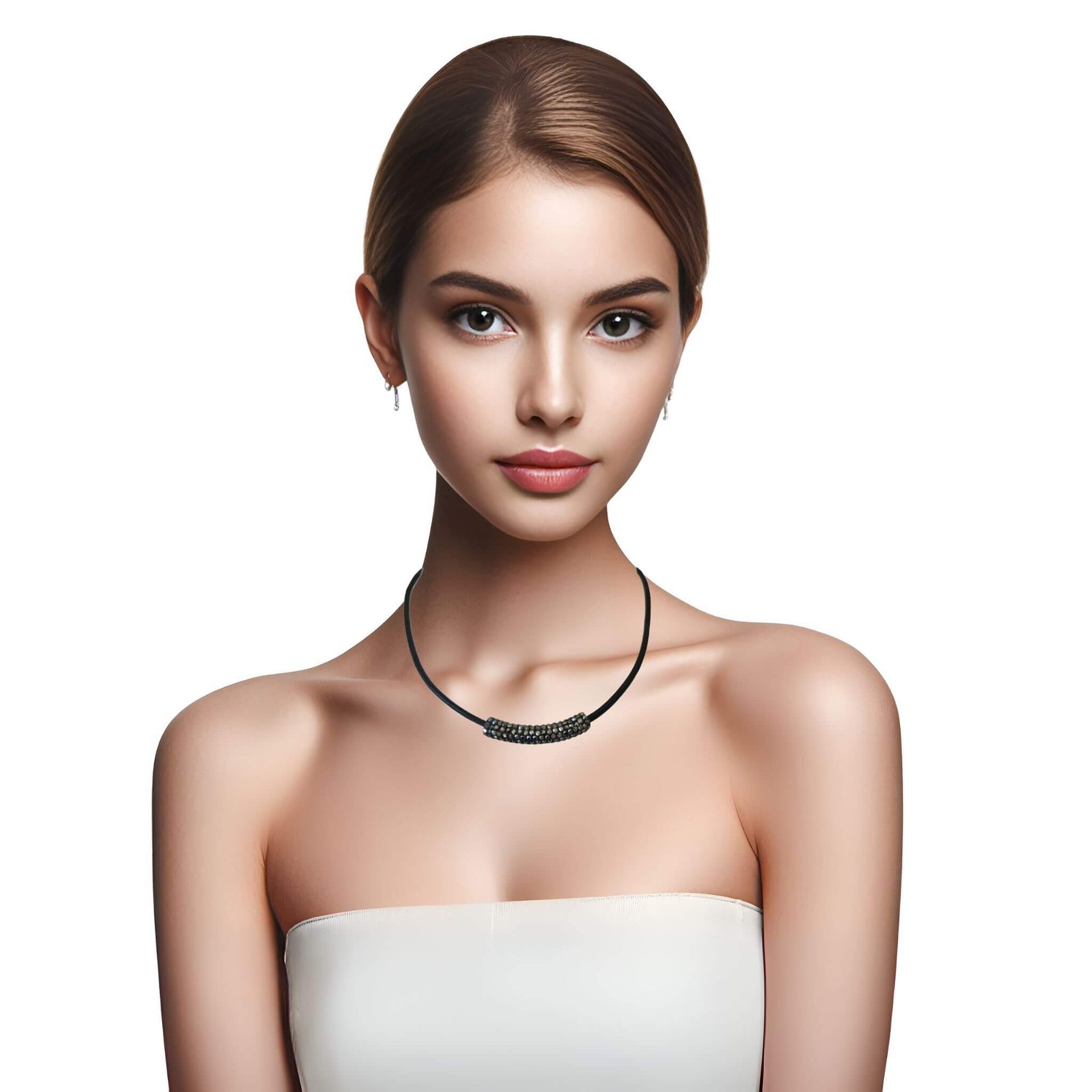 Collar gargantilla de cuero negro y tubo de strass negro