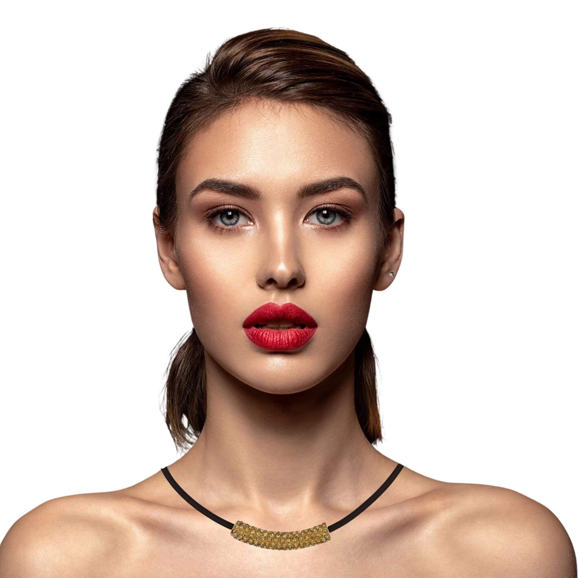 Collar gargantilla de cuero marrón y tubo dorado