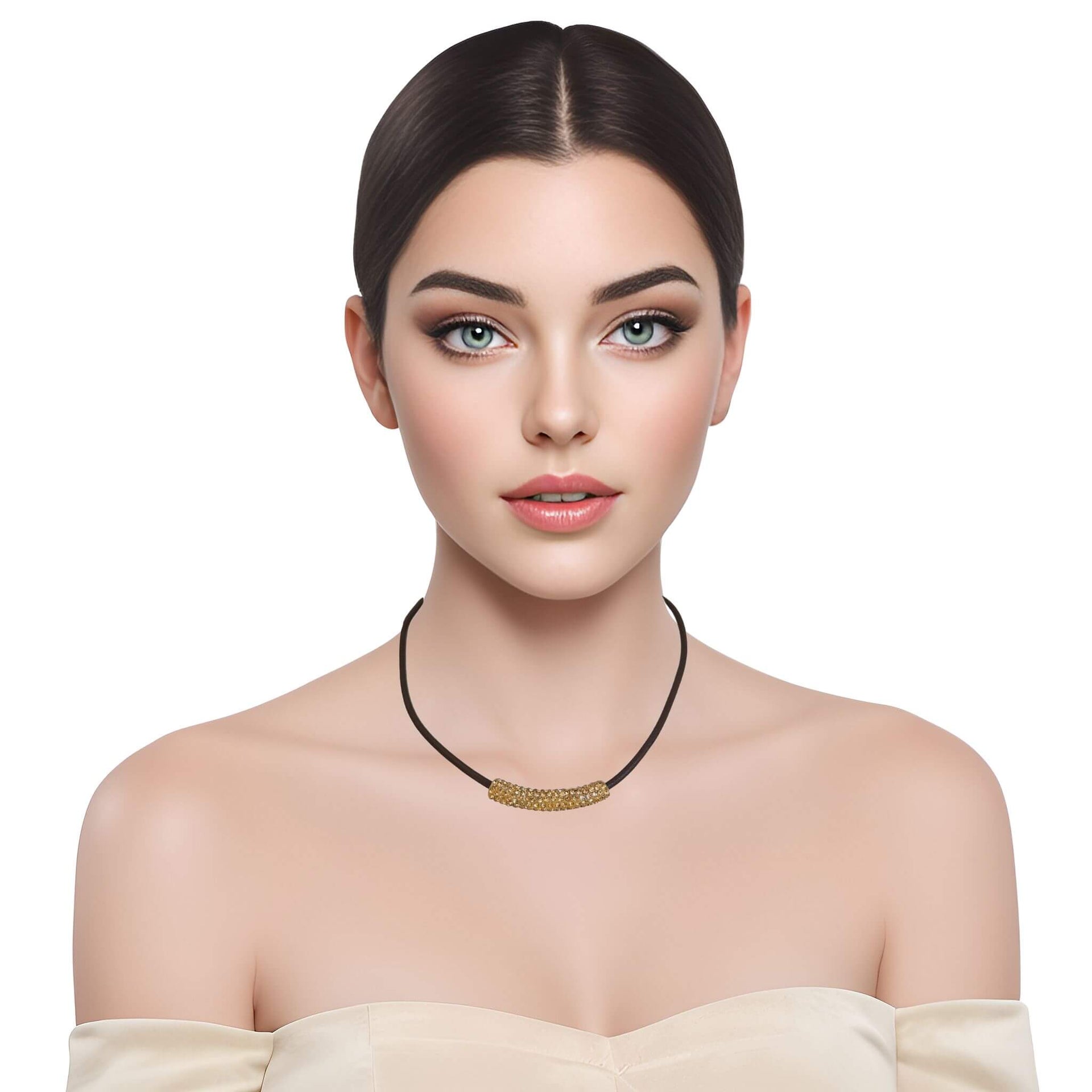 Collar gargantilla de cuero marrón y tubo dorado