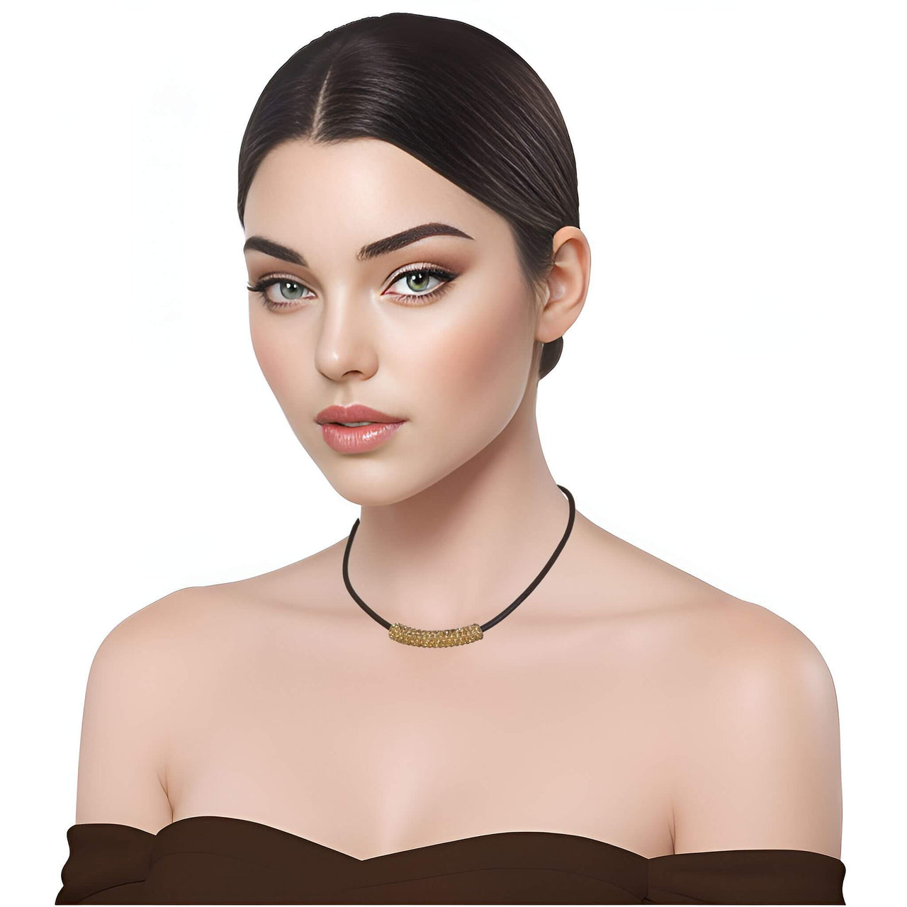 Collar gargantilla de cuero marrón y tubo dorado