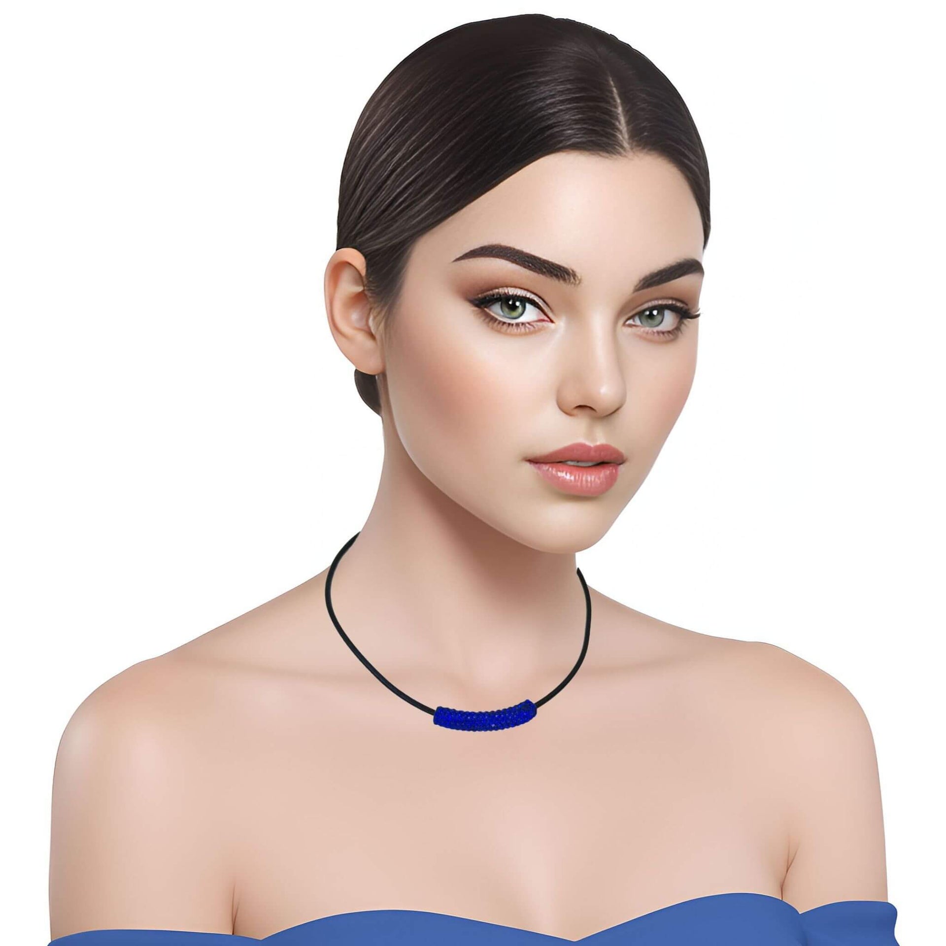 Collar gargantilla de cuero negro y tubo de strass azulón 