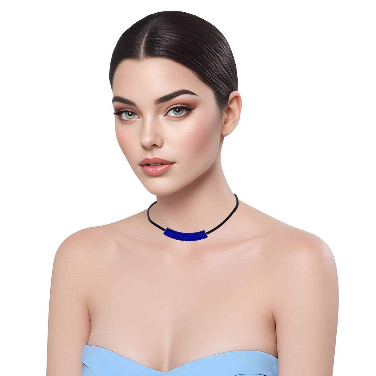 Collar gargantilla de cuero negro y tubo de strass azulón 
