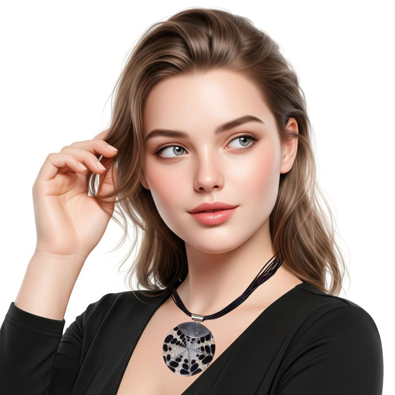 Collar de cuero negro y medallón de nácar y plata