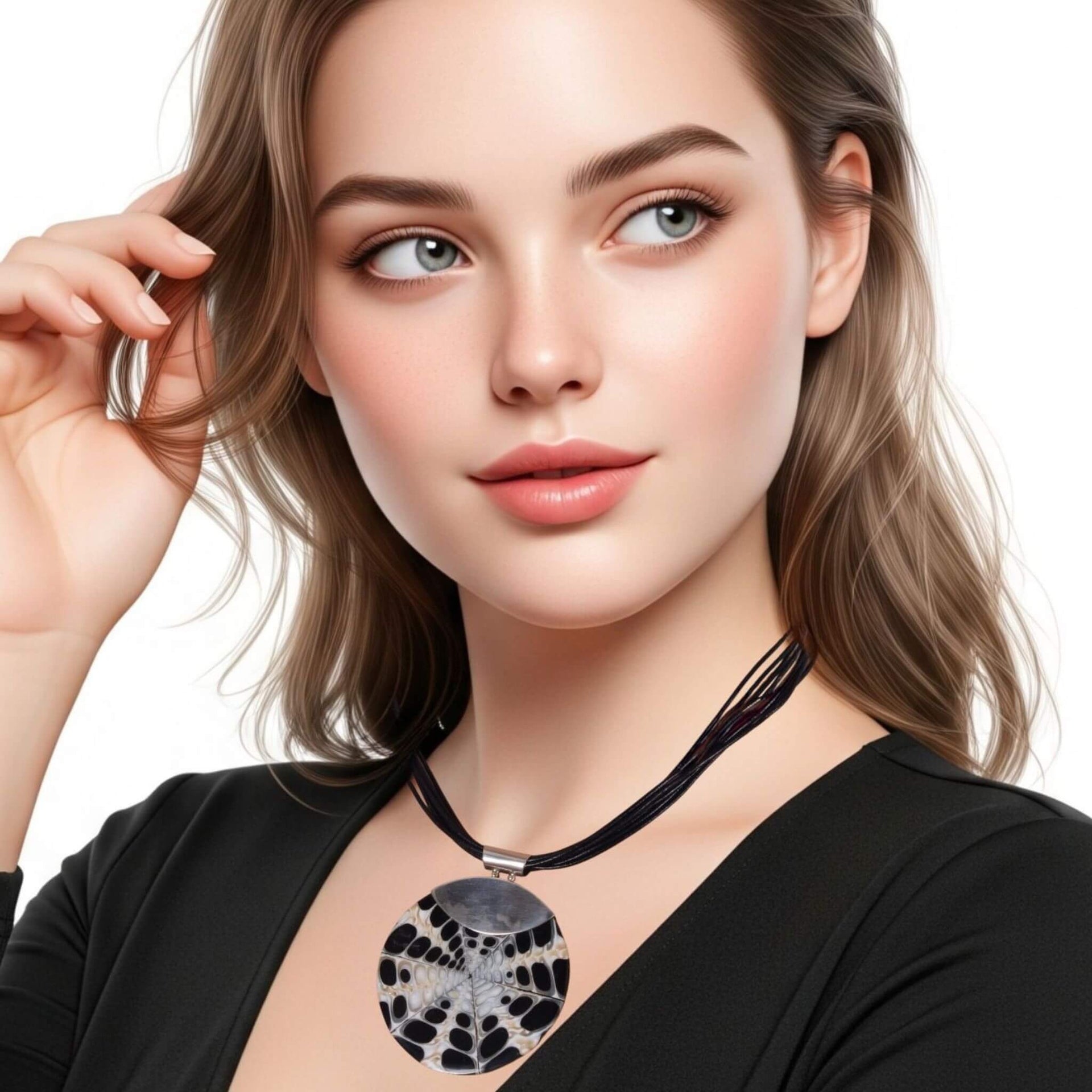 Collar de cuero negro y medallón de nácar y plata