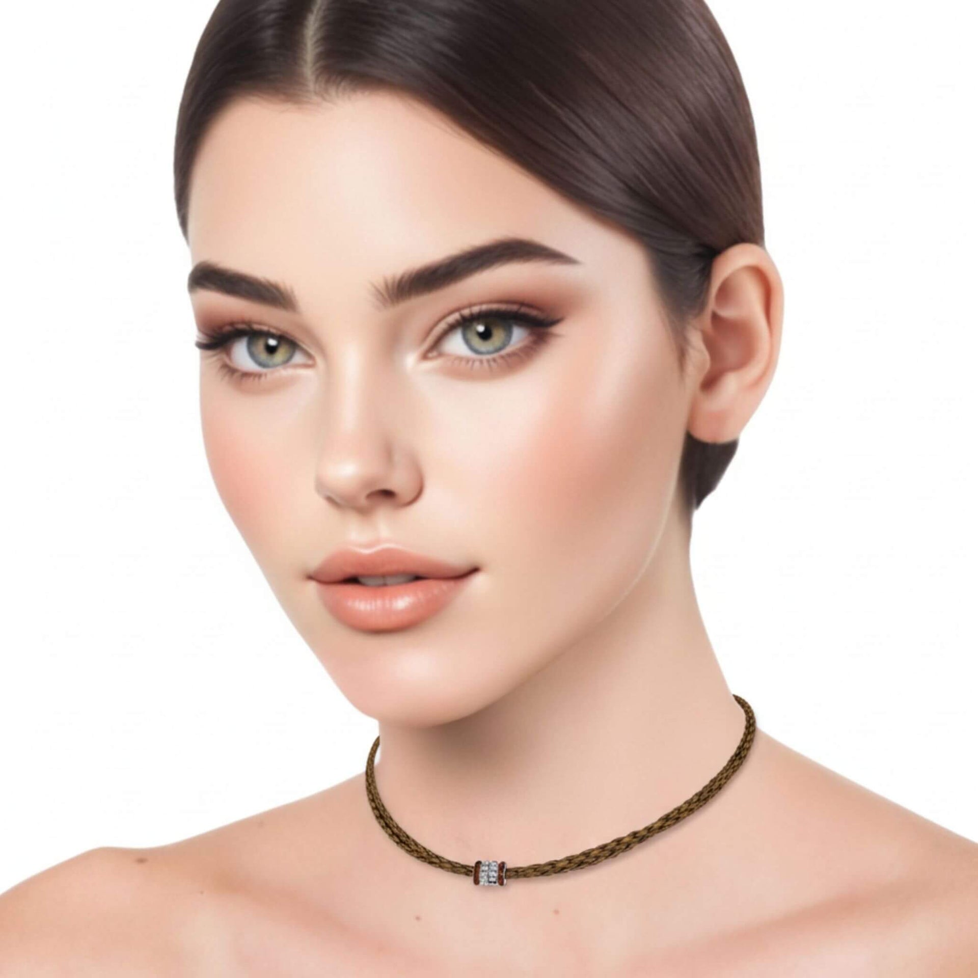 Collar gargantilla de cuero sintético trenzado dorado y rondelles