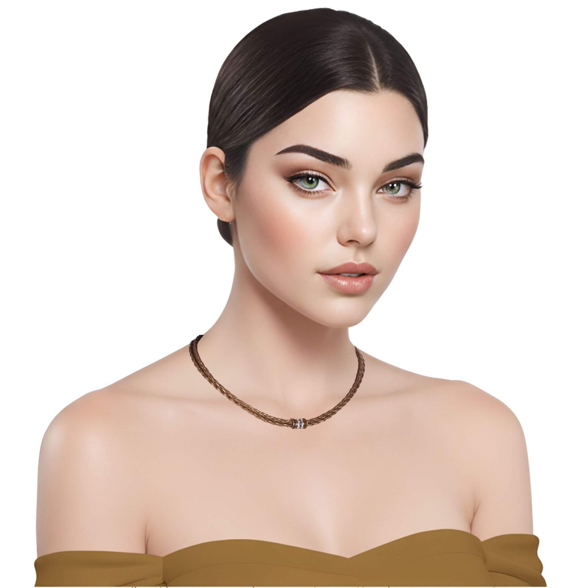 Collar gargantilla de cuero sintético trenzado dorado y rondelles