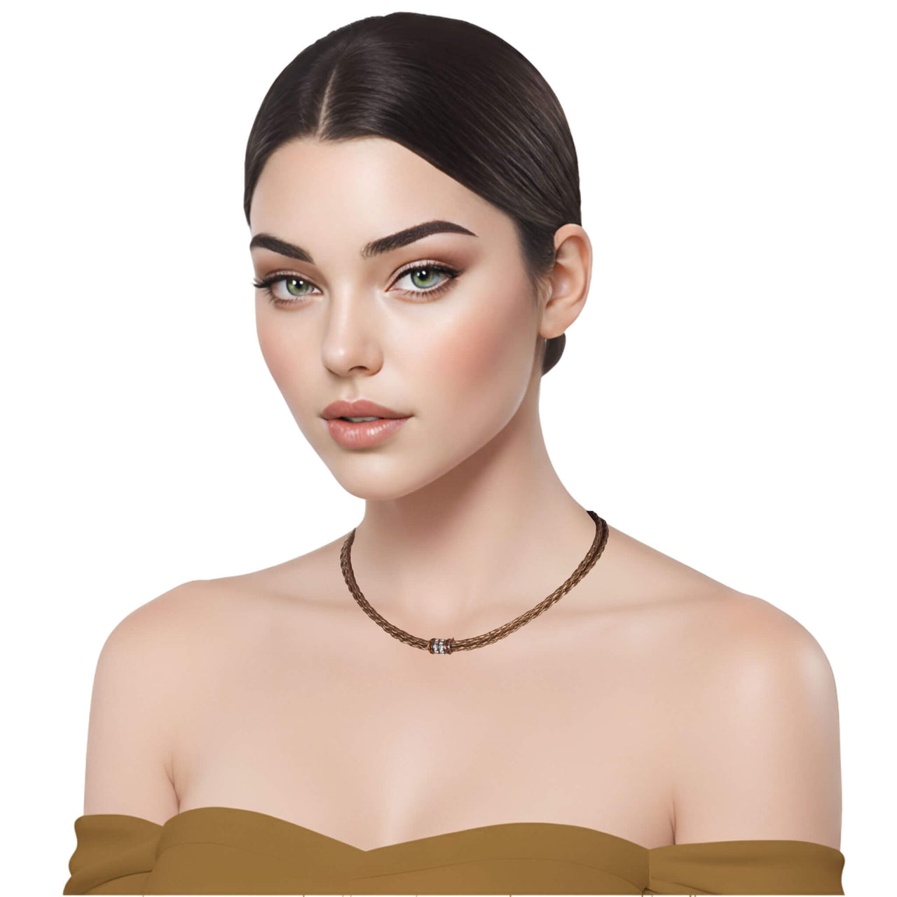 Collar gargantilla de cuero sintético trenzado dorado y rondelles