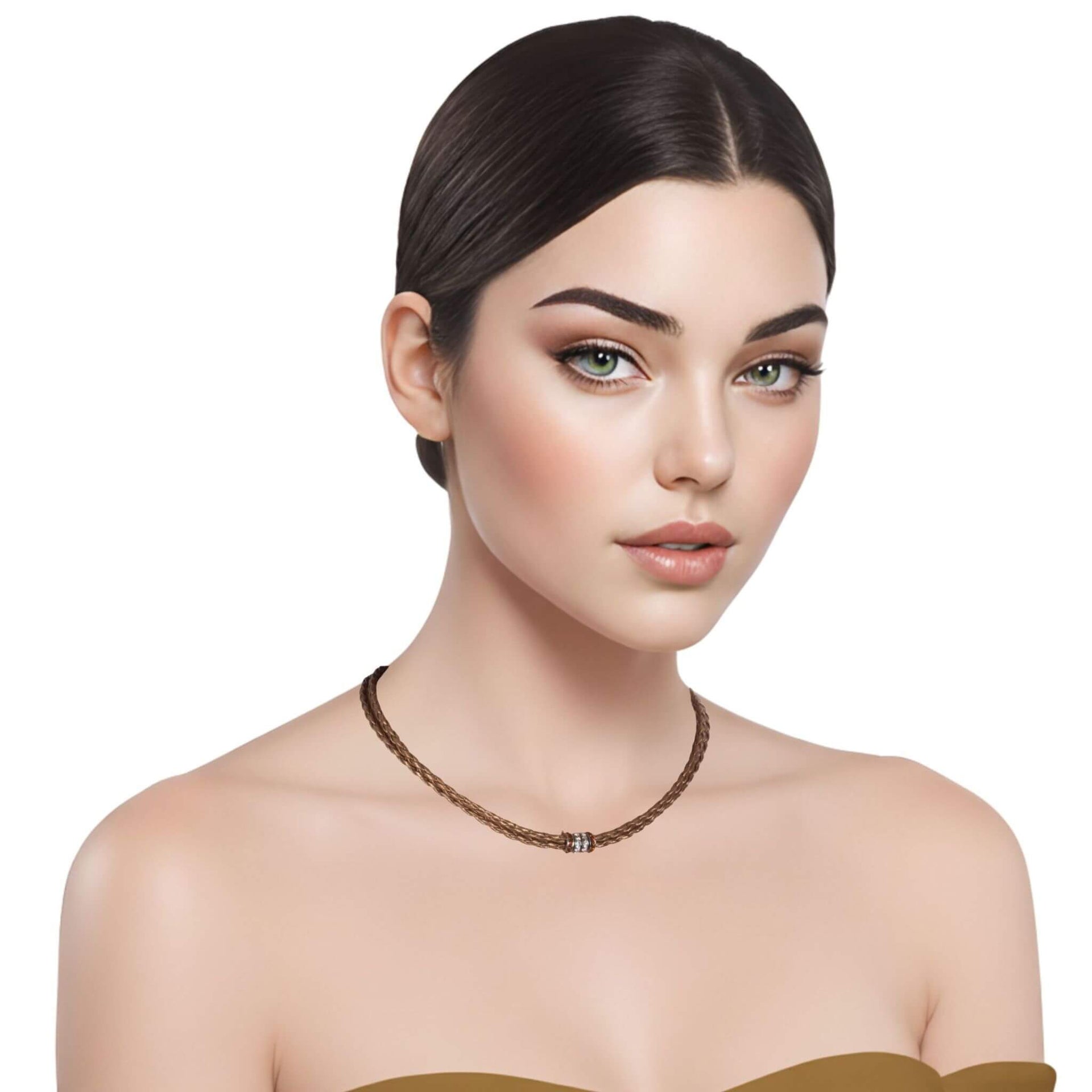 Collar gargantilla de cuero sintético trenzado dorado y rondelles