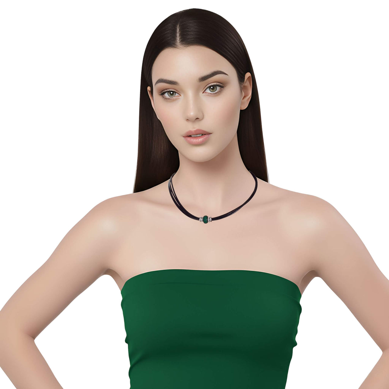 Collar gargantilla cuero negro y brillantes de cristal verde