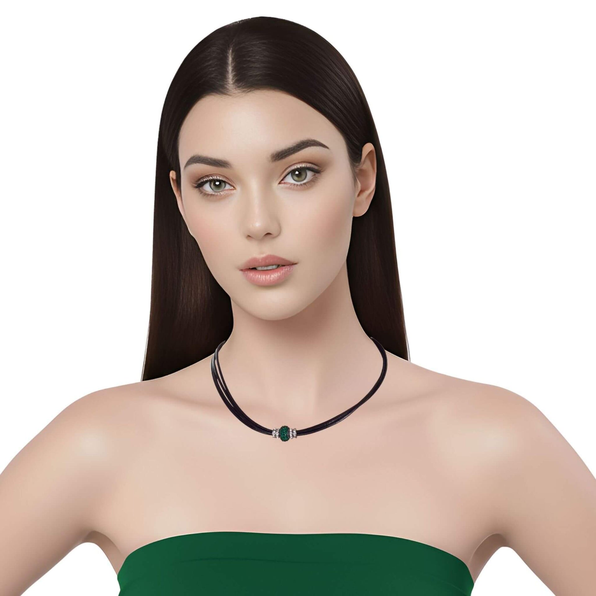 Collar gargantilla cuero negro y brillantes de cristal verde