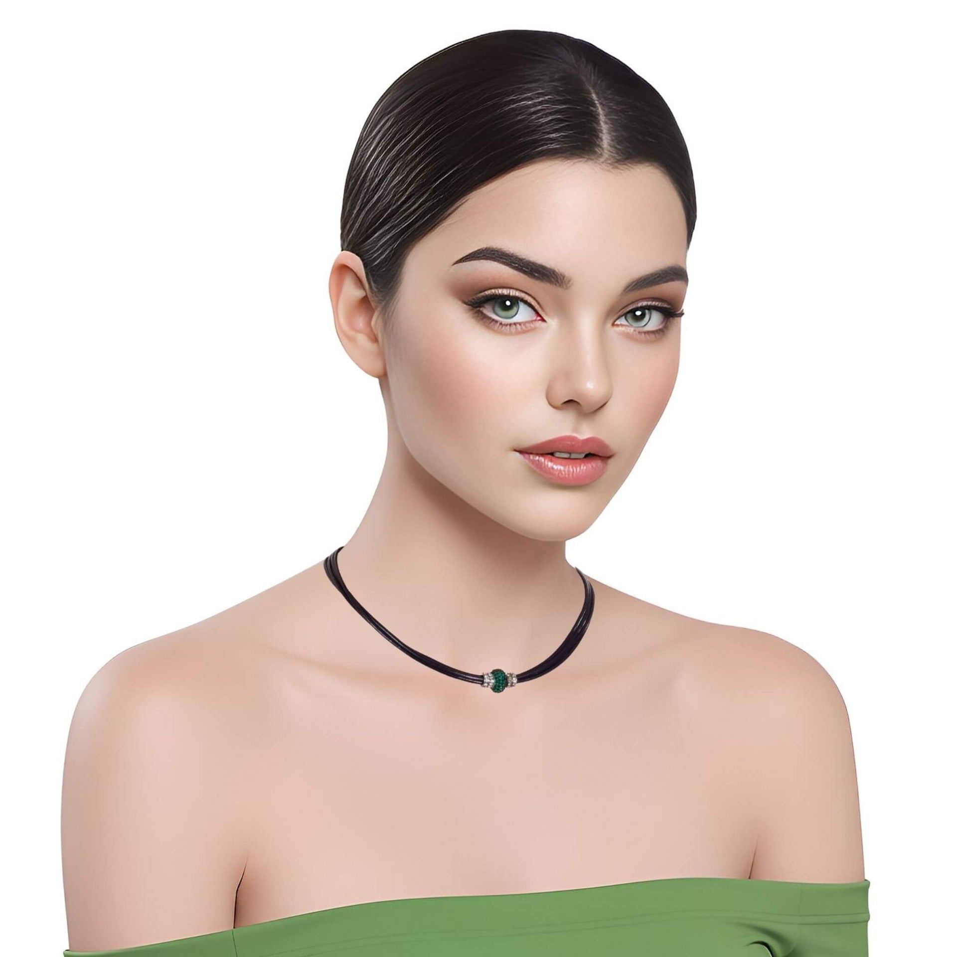 Collar gargantilla cuero negro y brillantes de cristal verde