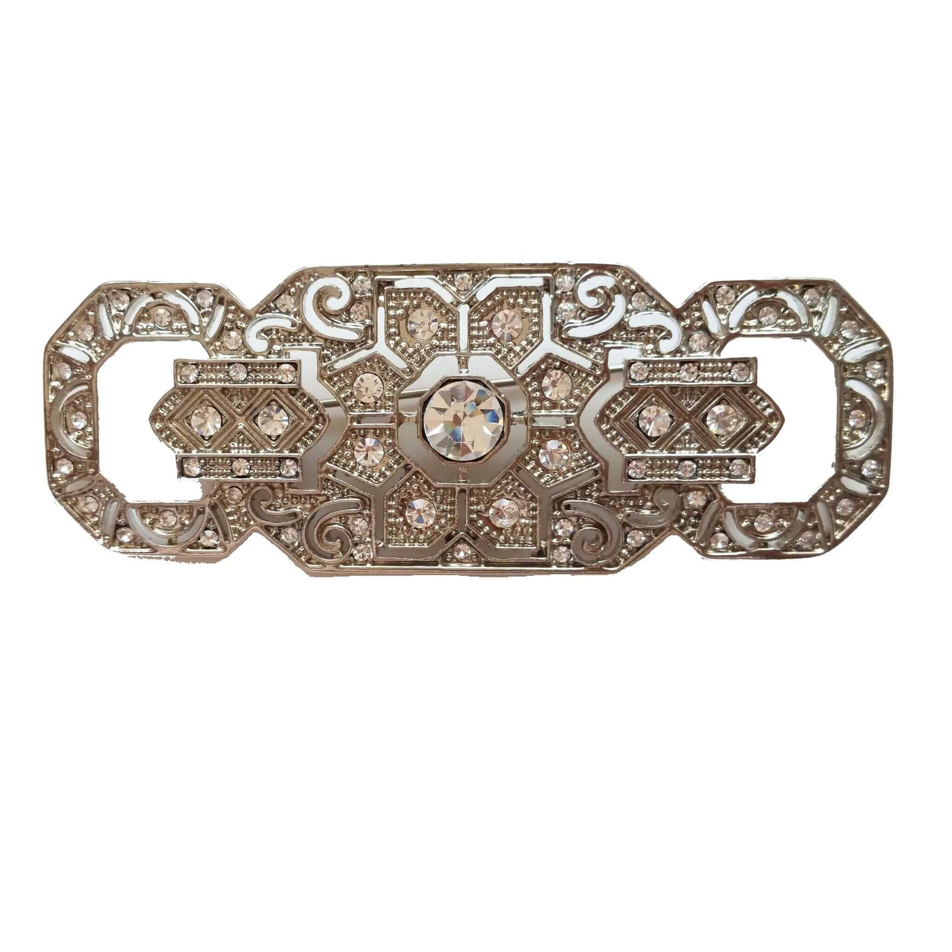 Broche alargado rectangular plateado con brillantes blancos 