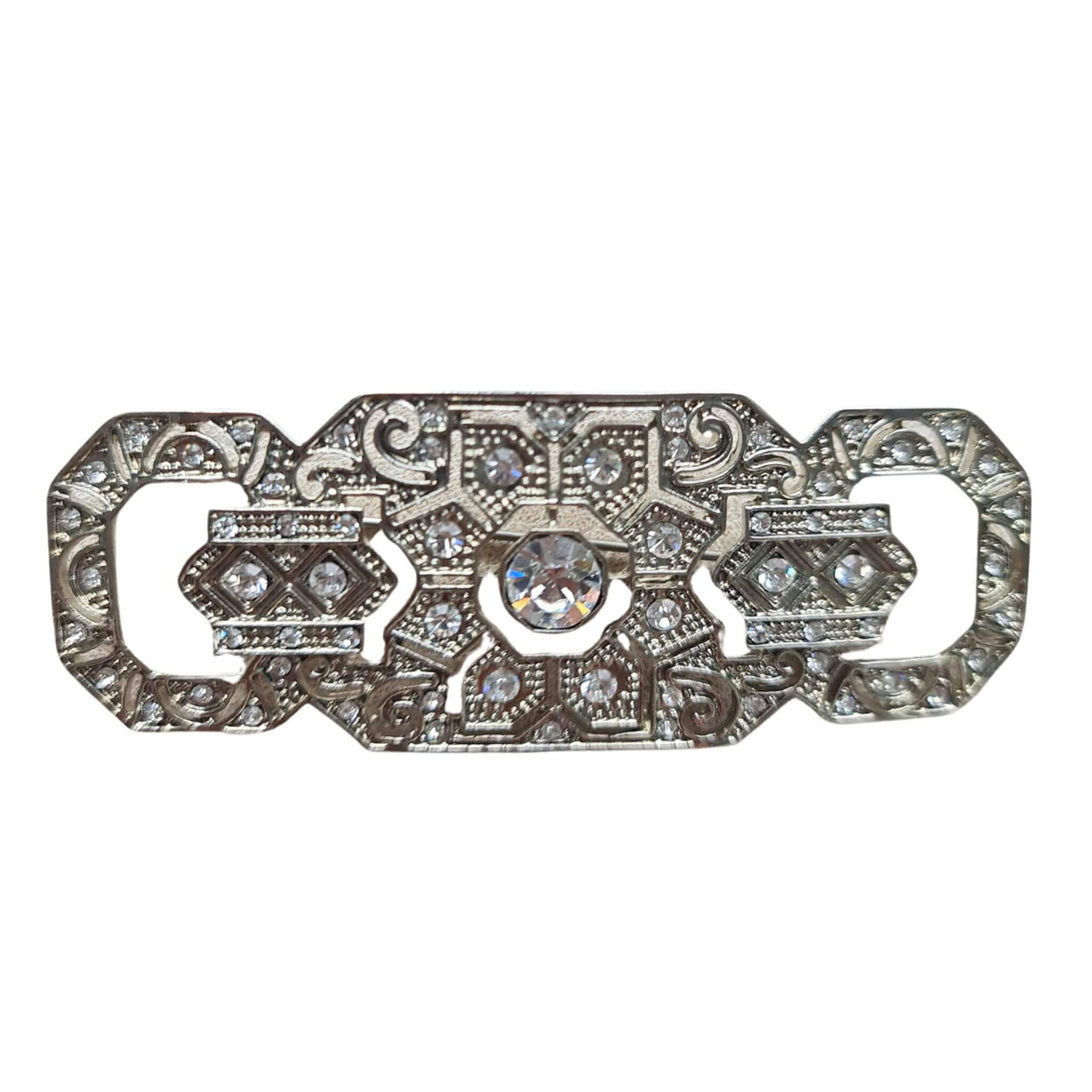 Broche alargado rectangular plateado con brillantes blancos 