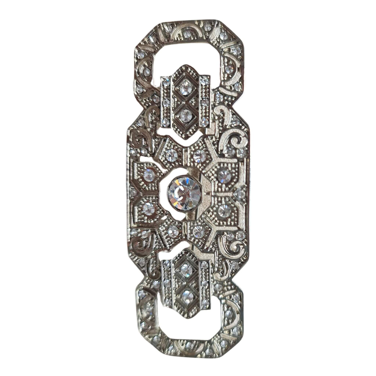 Broche alargado rectangular plateado con brillantes blancos 