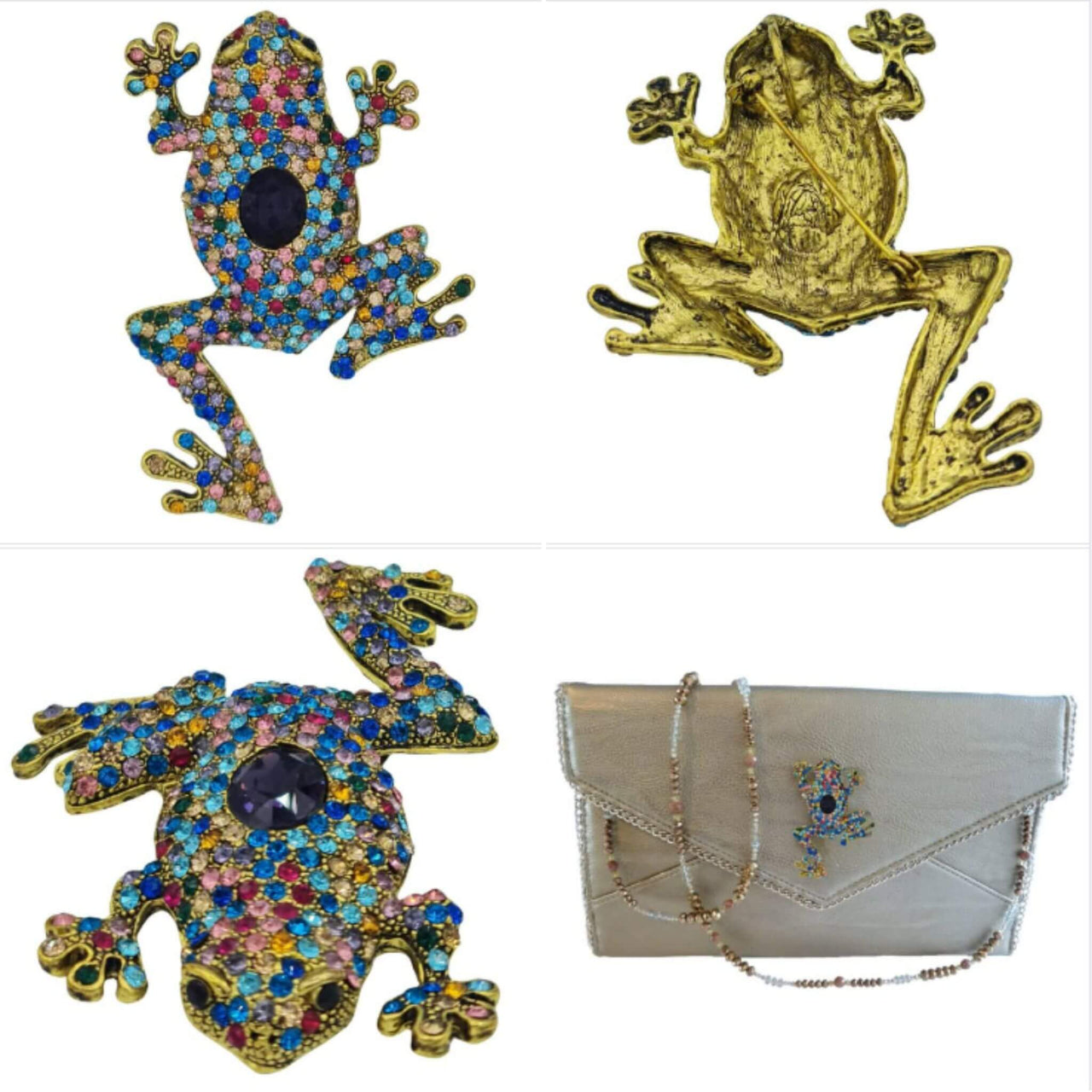 Hanging frog brooch in metal and multicolored diamonds