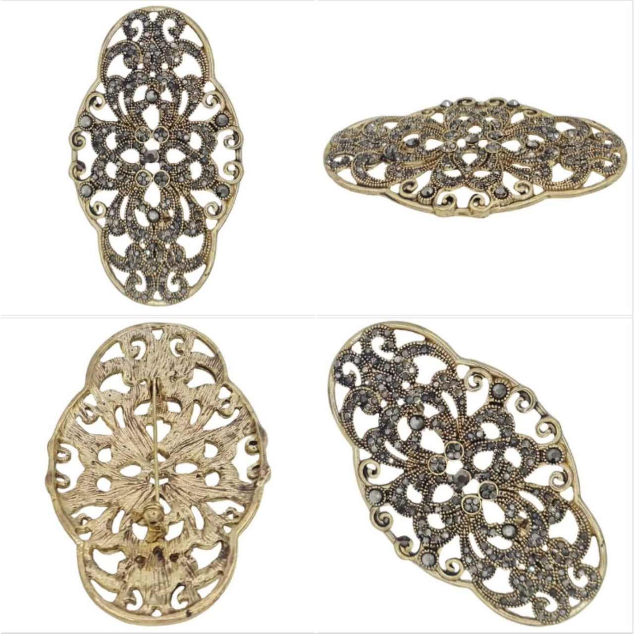 Broche metal dorado y brillantes de strass en gris oscuro. Mide 8 cm de largo por 4 cm de alto. El alfiler trasero es de 6 cm con cierre de seguridad.