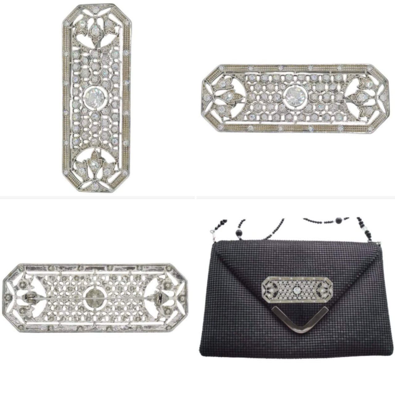 Broche rectangular de metal plata y brillantes blancos