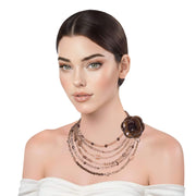 Collar de cuarzo fumé y cristal de 6 vueltas y broche camelia flor kaki